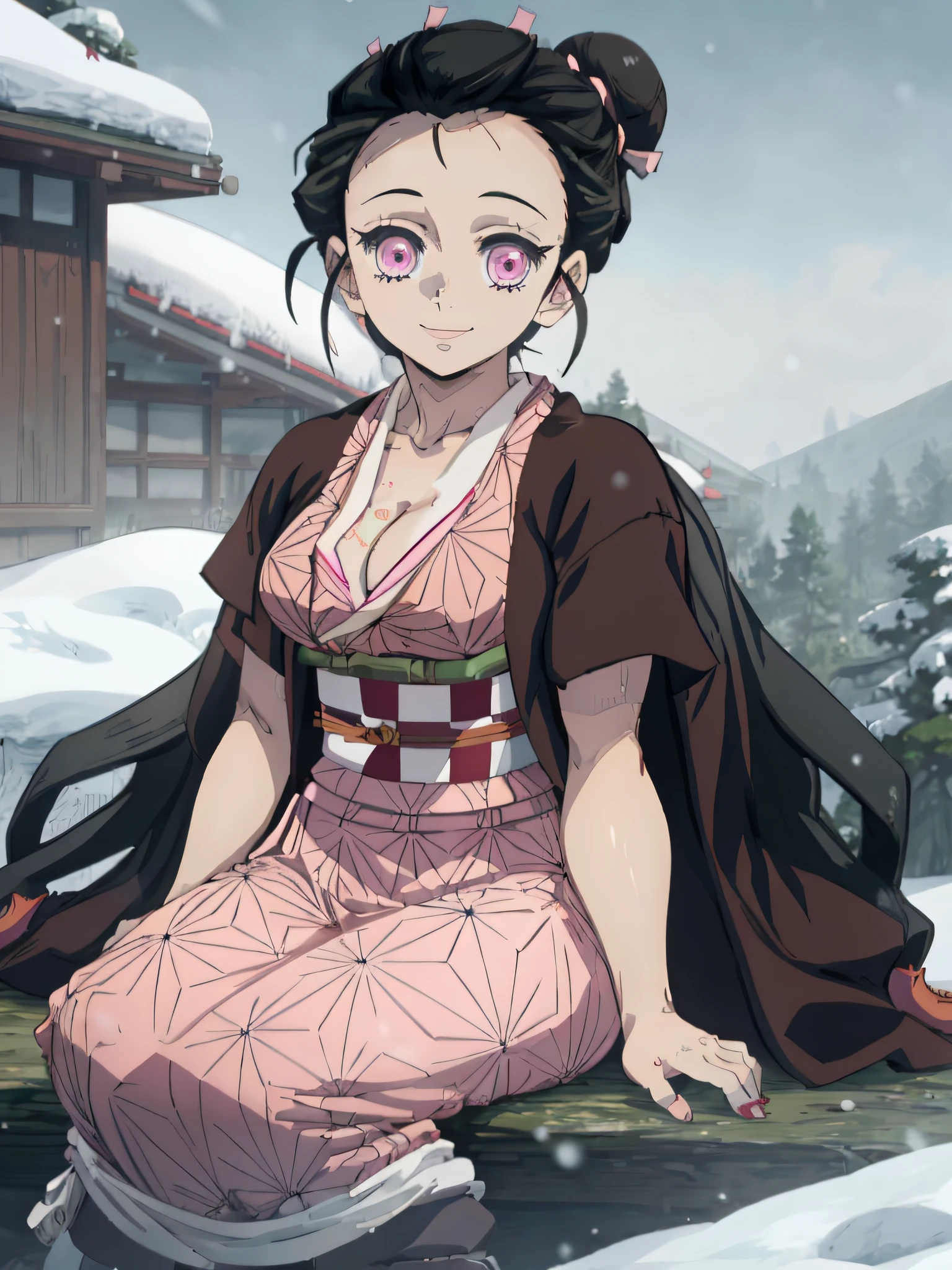 masterpiece, best quality, 1girl, humannezuko, light smile,  pink kimono, brown haori, looking at viewer, sitting, snow, perfect light, tied up hair, hair bun, bun, pink eyes, medium breast, over eighteen age, ultra hd, awesome quality, 4k, masterpiece