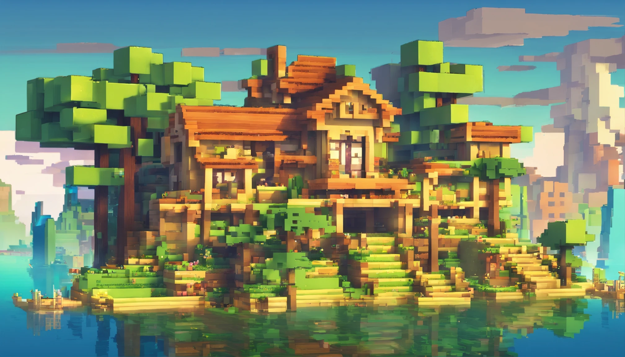 **opulent, 3d, game art, dream magical, style of Makoto Shinkai, Beautiful biomes, cozily, Perfectcomposition, Minecraft style, colorful, Nice looking building, Wallpaper quality, design sense, aesthetics, Cartoon feel