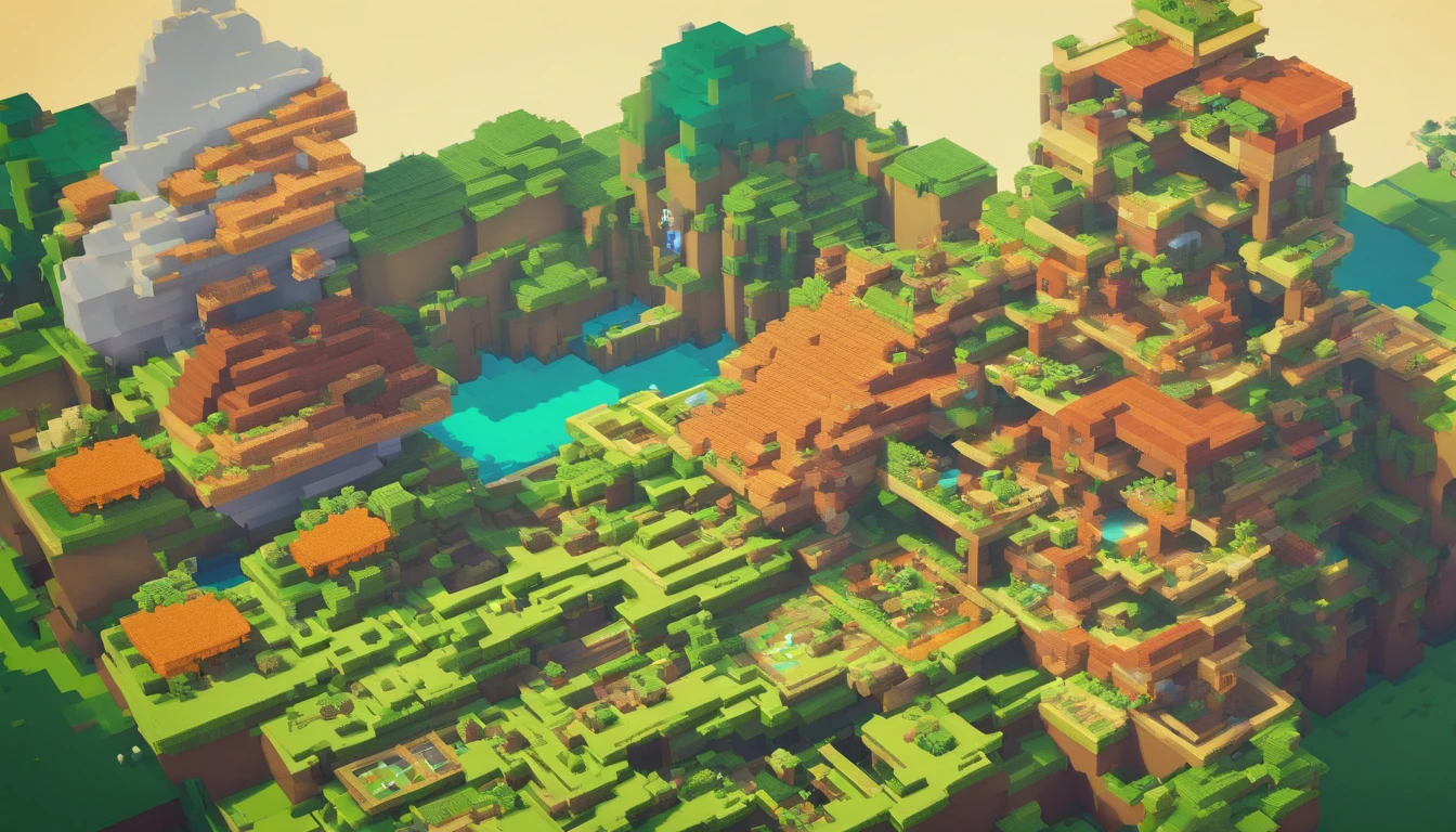 **opulent, 3d, game art, dream magical, style of Makoto Shinkai, Beautiful biomes, cozily, Perfectcomposition, Minecraft style, colorful, Nice looking building, Wallpaper quality, design sense, aesthetics, Cartoon feel