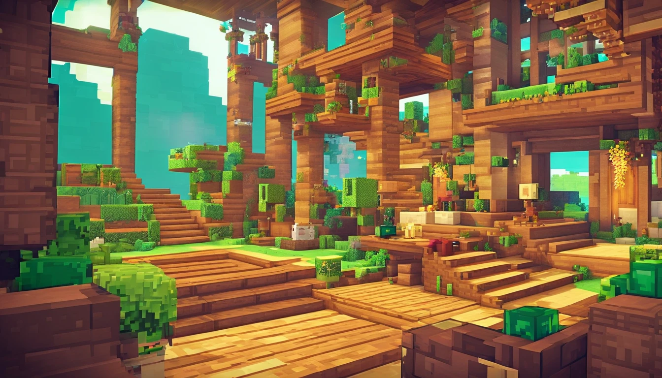 **opulent, 3d, game art, dream magical, style of Makoto Shinkai, Beautiful biomes, cozily, Perfectcomposition, Minecraft style, colorful, Nice looking building, Wallpaper quality, design sense, aesthetics, Cartoon feel