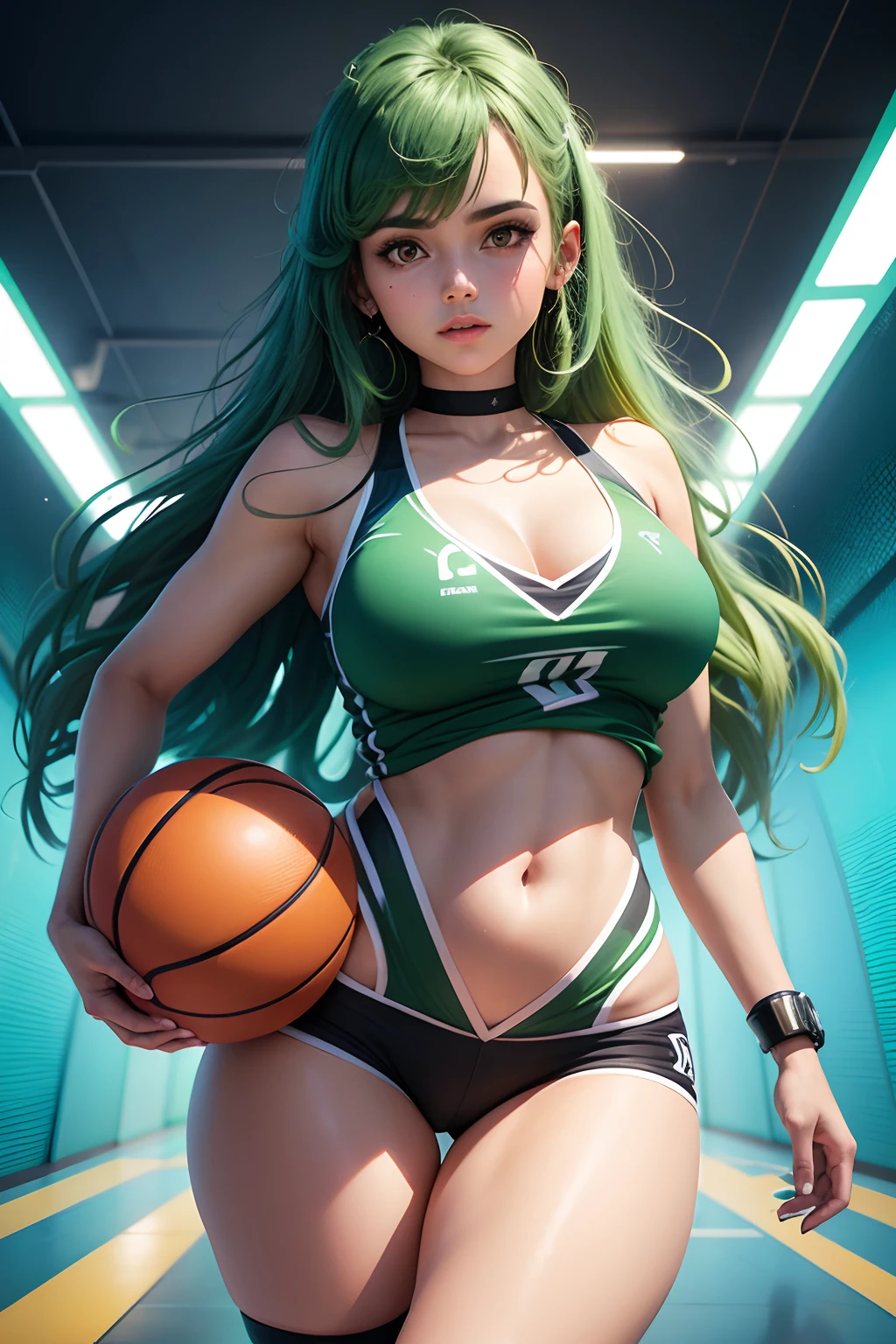 uma mulher de biquine em um chroma key com uma bola de basquete