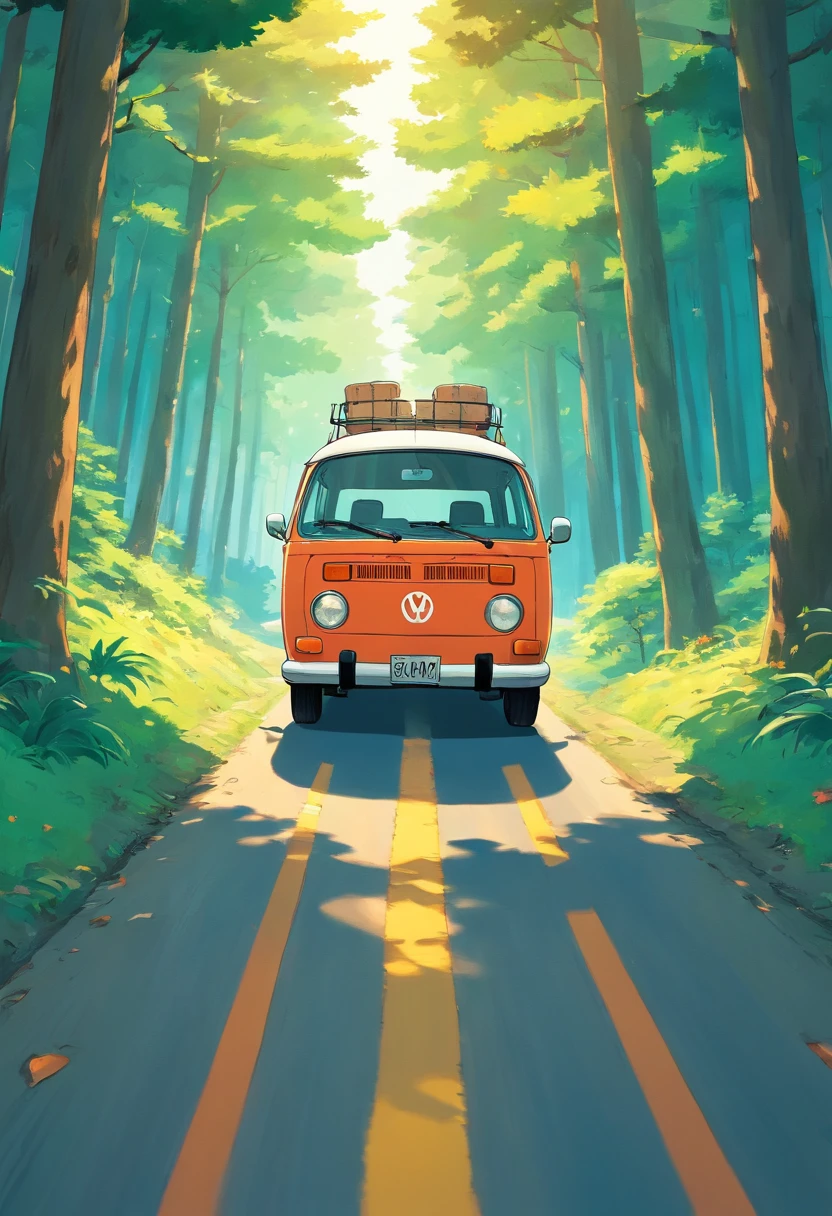 Japonise Car AnimeA close up of a van driving on a road near the trees, Beautiful retro art, Traveling through the mountains, Highly detailed vector art, Hippie cottagecore, in digital illustration style, Stunning art style, Stylized digital illustration, Detailed digital illustration, Digital cartoon painting art, Retro art style, Detailed Vectorart, VW minibus driving, retro illustration, --ar 9:16
