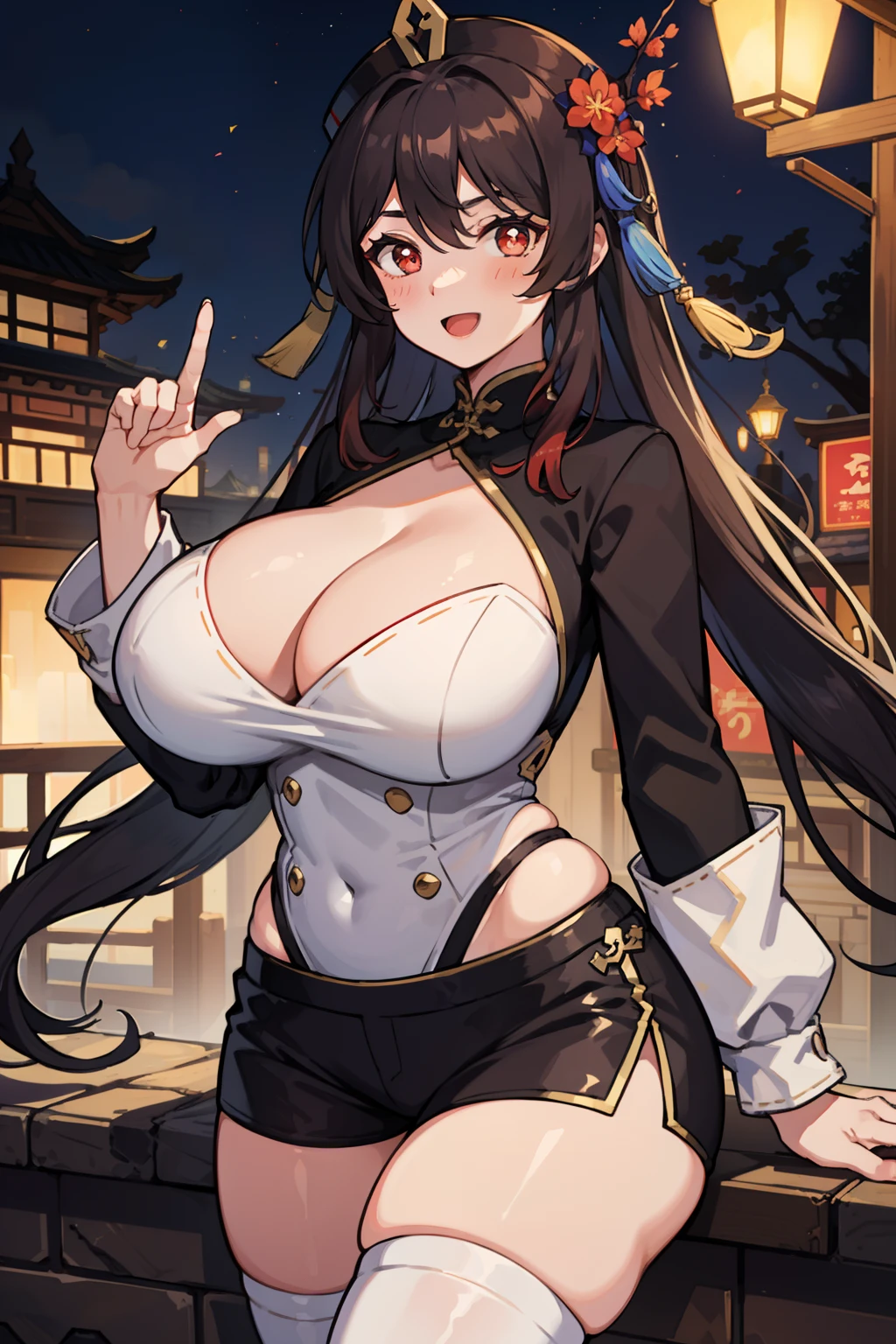 HuTao_Genshin, Black shorts, :D, flower, Black tiara, Very long hair, Long hair, double tails, Brown hair, shoes, Red eyes, blackfootwear, ((Cowboy shot)), hair between eye, side locks, pupils in symbol shapes, Smile, Solo, Hat, Short shorts, Shorts, Chinese clothes, Open mouth, Socks, kneehighs, White socks, hat ornament, Double V, Long sleeves, 1girll, Blush, view the viewer, Chinese town, Town, sky, Clouds, Night, casa, City, (Thighs), ((Curvy body)), ((street)), (White socks), Chinese, Chinese style background, Huge breasts, Sitting,semi-bare,Sexy big ass,Fiddling with sexy ass,Expose sexy breasts,Big breasts that expose the ,Protruding anteriorly and posteriorly,gigantic cleavage breasts,Knead your breasts and have fun,Be red in the face