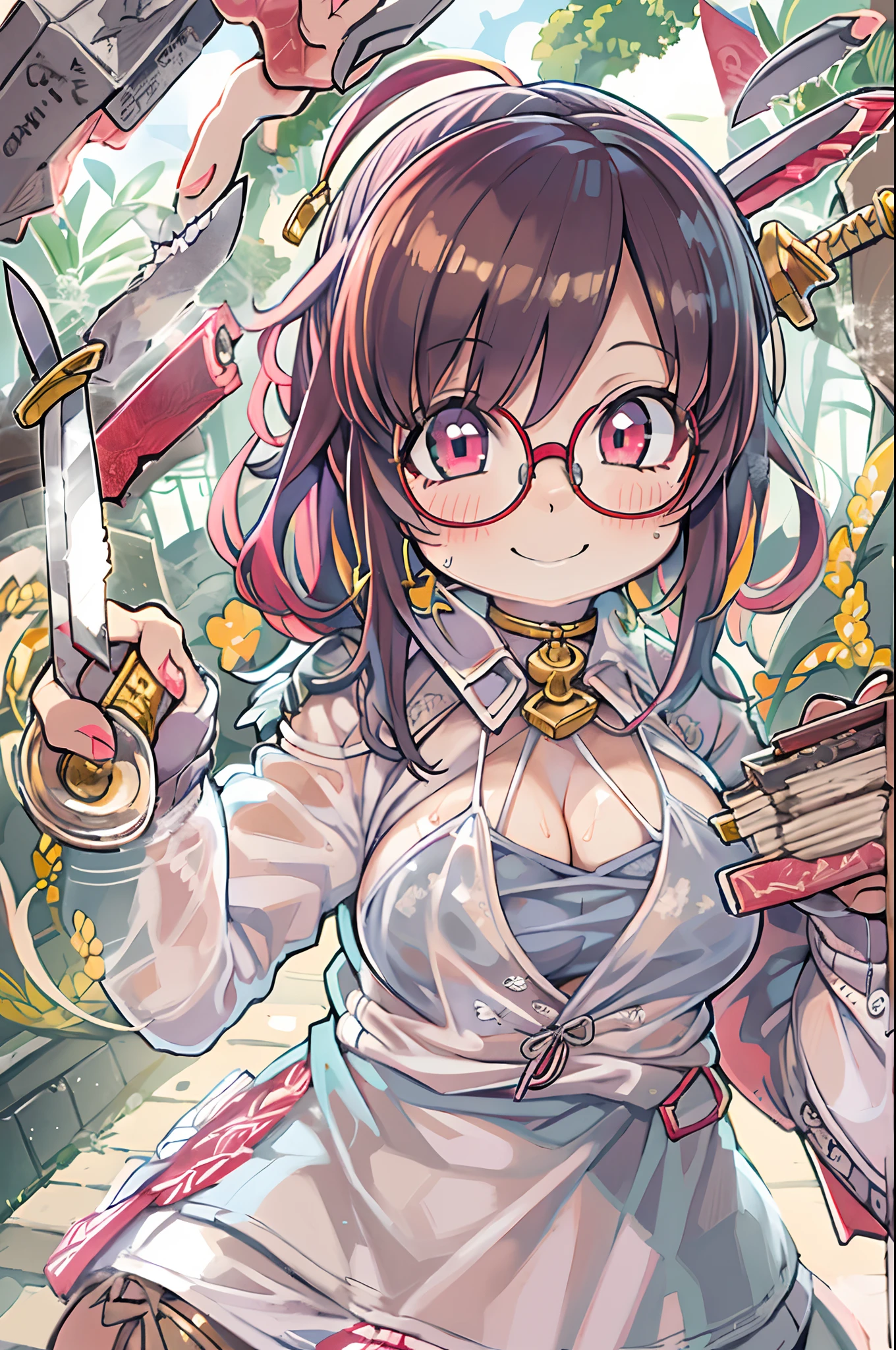 masutepiece, Best Quality, 1girl in, Sharp eyes, Smile,(((Knives in both hands)))、big round glasses,Camisole