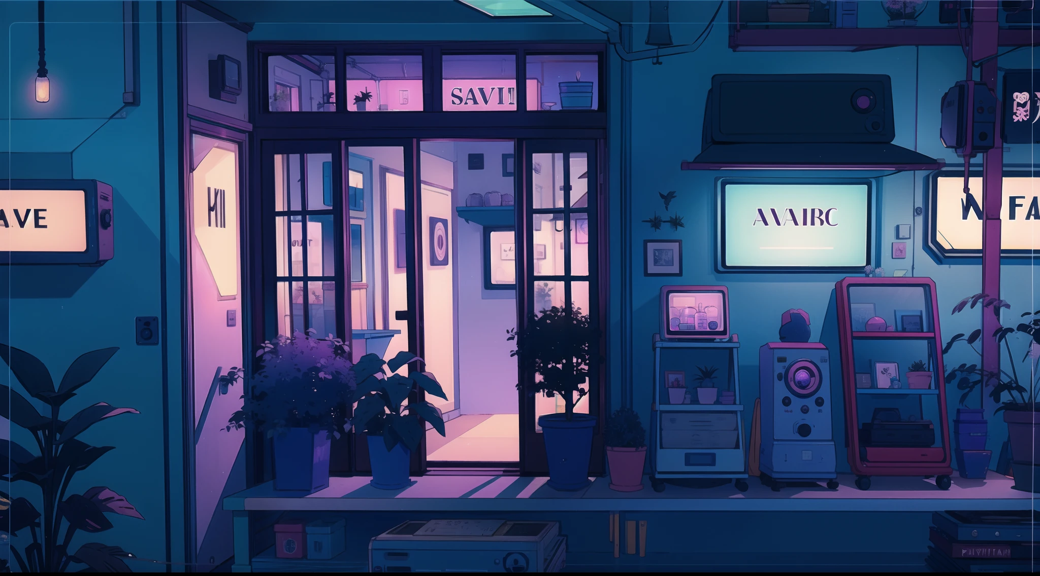 Purple and blue, night, plantshop, plants, lofi, retro