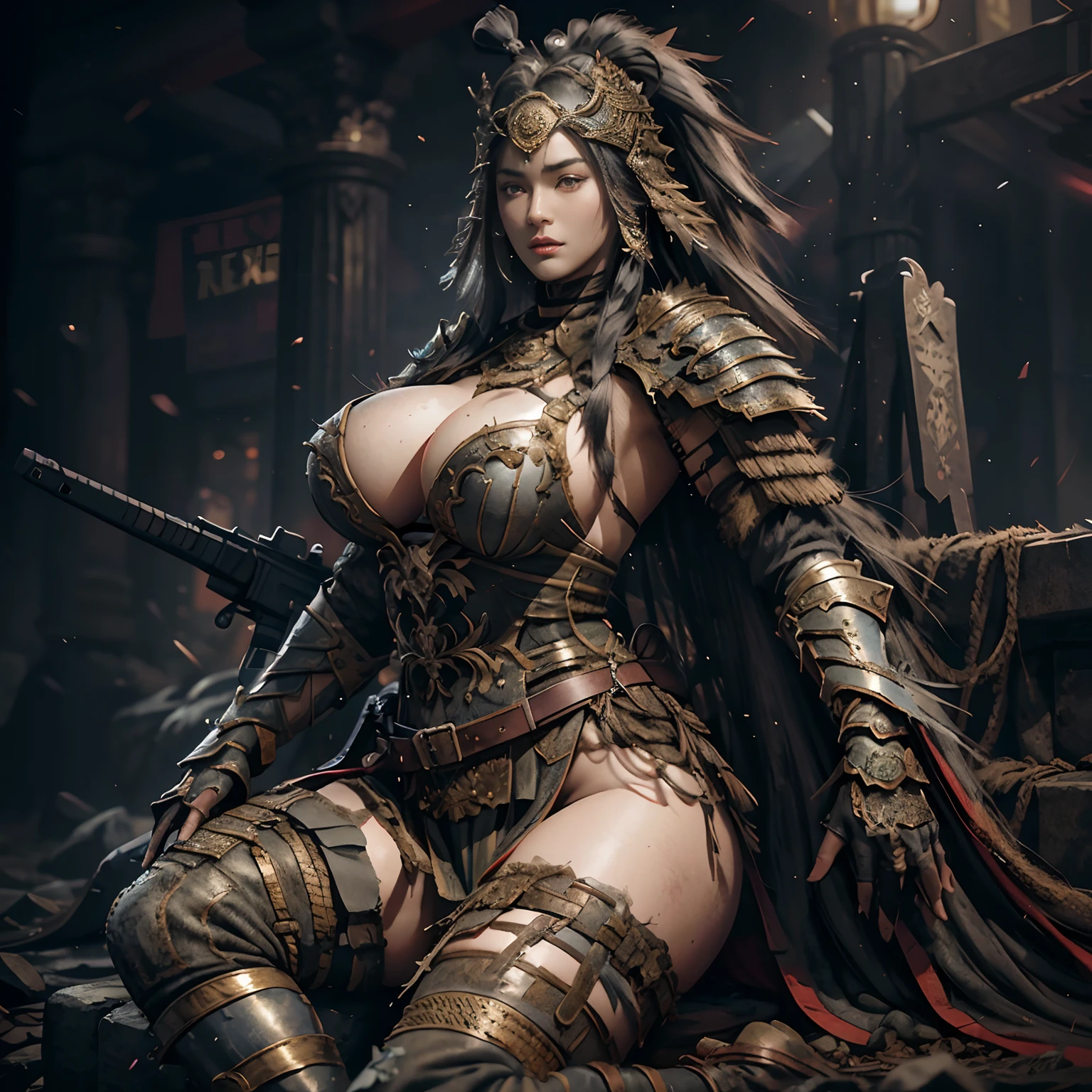 Sexy black long-haired female warrior,Military armament,full bodyesbian,Pose from head to toe,Big breasts and big buttocks,Big breasts and fat buttocks,Very exposed,Leak points,Tattered costumes,Lewdness,Survival gear,Firearms shooting,Late survival --auto
