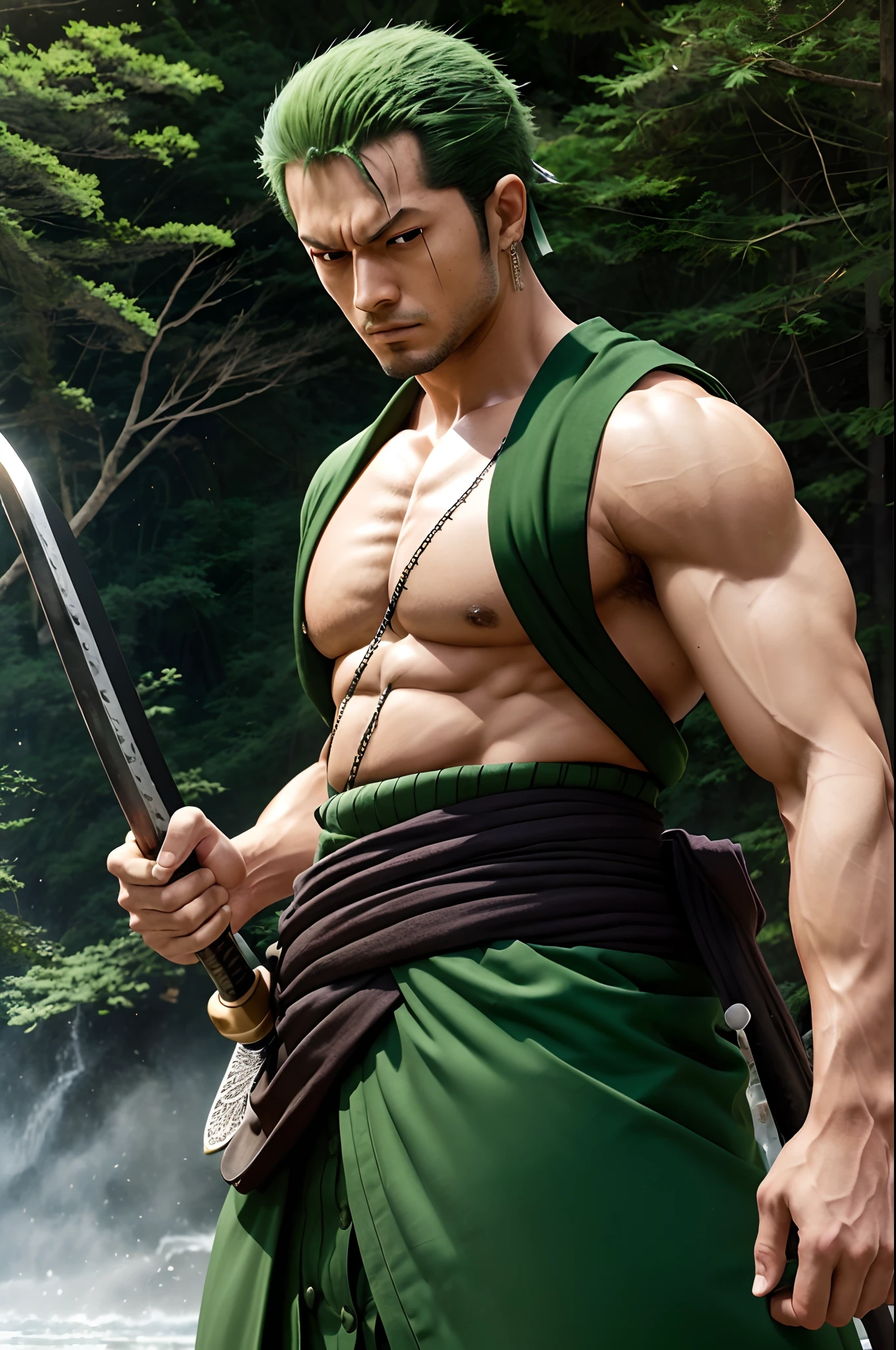 Roronoa Zoro (master part, 4k resolution, ultra-realistic, Very detailed), macho, corpo muscular, corpo imponente, imposing appearance, muscular arms, pernas musculosas, Single body, trapezoid trunk, corpo robusto, corpo muscular, Pecs redondos e carnudos definidos, Washboard ABS set, defined arms, pernas definidas, CABELOS LISOS VERDES LONGOS, (Tema de samurai branco, Charismatic, there is a swordsman next to a Japanese "Isakaya" barra, vestindo um quimono azul com detalhes de nuvem no "Obi" pista, he is commander of the first division of the leader of the mugiwara band, trabalho "one piece"), [ ((19 anos), (CABELOS LISOS VERDES LONGOS:1.2), CABELOS LISOS VERDES LONGOS, corpo inteiro, (olhos azuis:1.2), ((A pose de Roronoa Zoro), demonstration of strength, unsheathing with one hand his katanas enma), ((Japanese rural environment):0.8)| (paisagem rural, ao entardecer, dynamic lights), (sol cego)), 1 katana]. # Explanation: Prompt mainly describes a 4K painting of ultra -high high definition, CABELOS LISOS VERDES LONGOS, very realistic, Very detailed. Mostra um espadachim, mestre do estilo Santoryu de katanas, vestindo um quimono azul com detalhes de nuvem na cintura. The subject in the painting is a subject of a white swordsman, holding with one hand his black katana