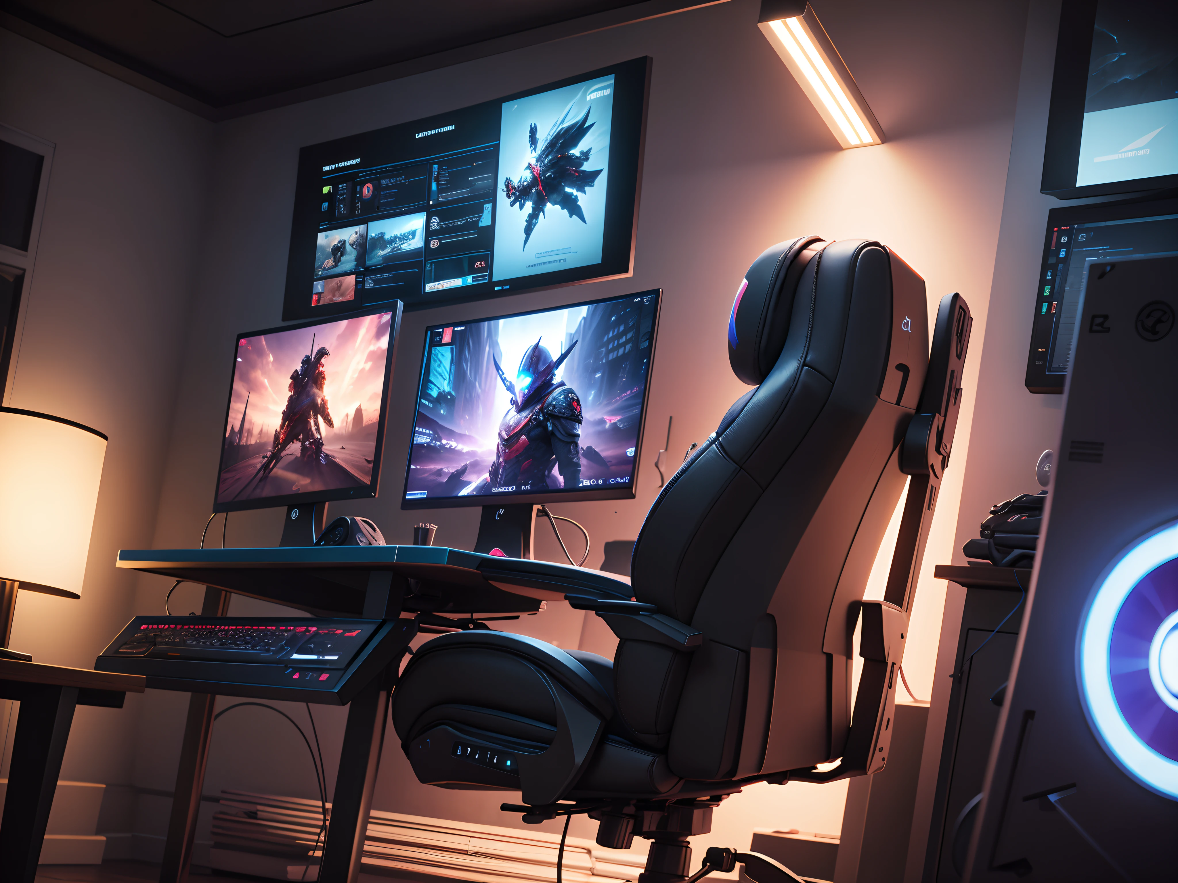 A computer，cyber punk style，8k,hyper HD，In a very sci-fi room，The computer is running the game，Reverse war，The computer is placed on the computer desk，There is also a gaming chair