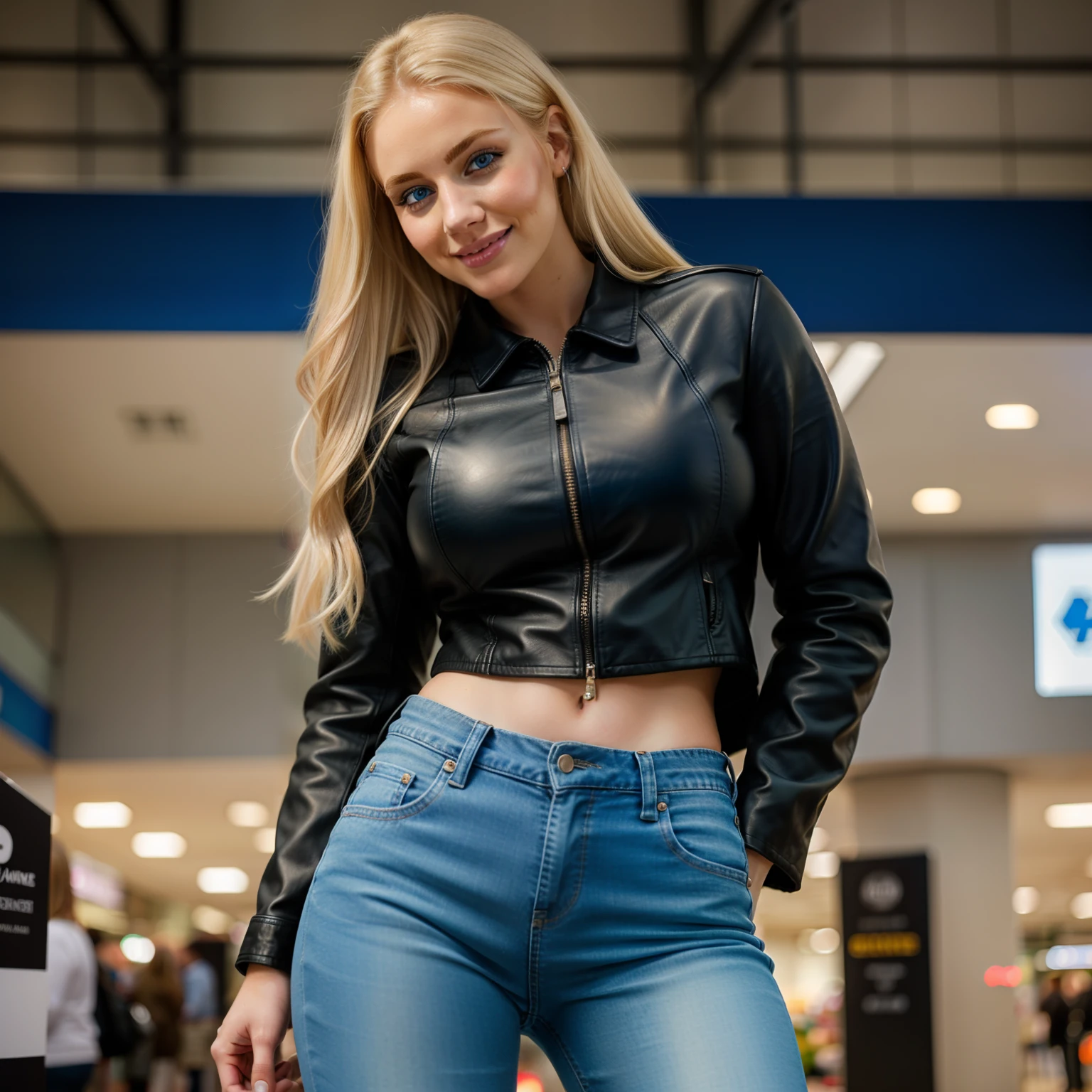 Photo RAW UHD of a 24-year-old blonde (Blue-eyed woman high level of detail), long blonde hair, in a crowded shopping centre, wearing jeans and black leather jacket, muscular butt, detailed face pores , looking at the camera, long legs, oily skin, ultra quality, big boobs, sexy body, ultra quality, perfect breasts, smilling