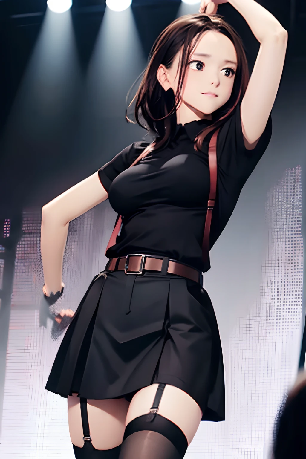 Black skirt, suspenders, Brown hair Gray eyes, Garter belt on the legs, Tight black clothes, a belt Armpit sweat Dark look Moderately breasts holster Forehead Center
