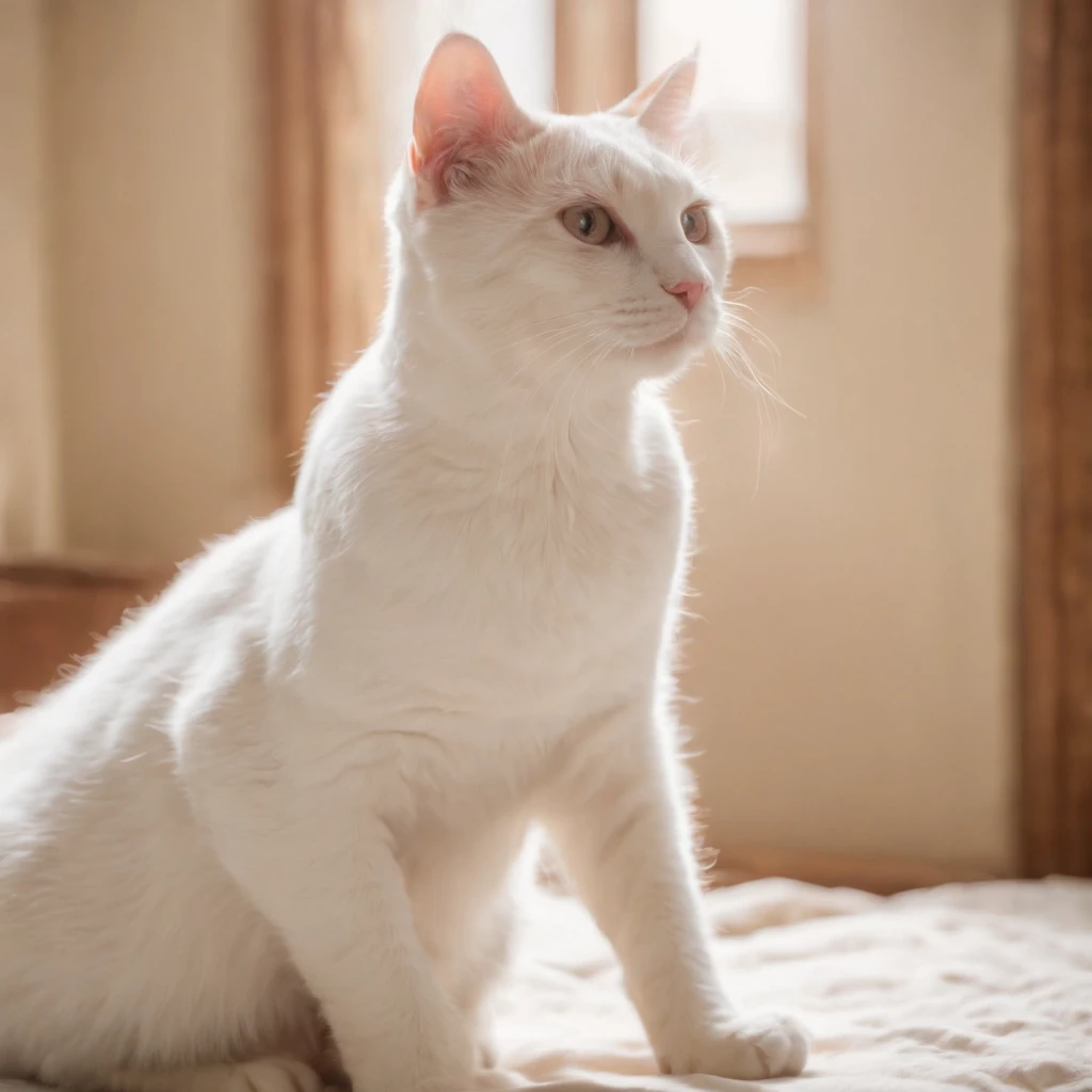 Cinematic style,Cat-eared girl,on the floor on all fours,kneeling on a bed,(The open neckline reveals the Nipple:2.5),Sheer slip nightdress,(teat:1.5)