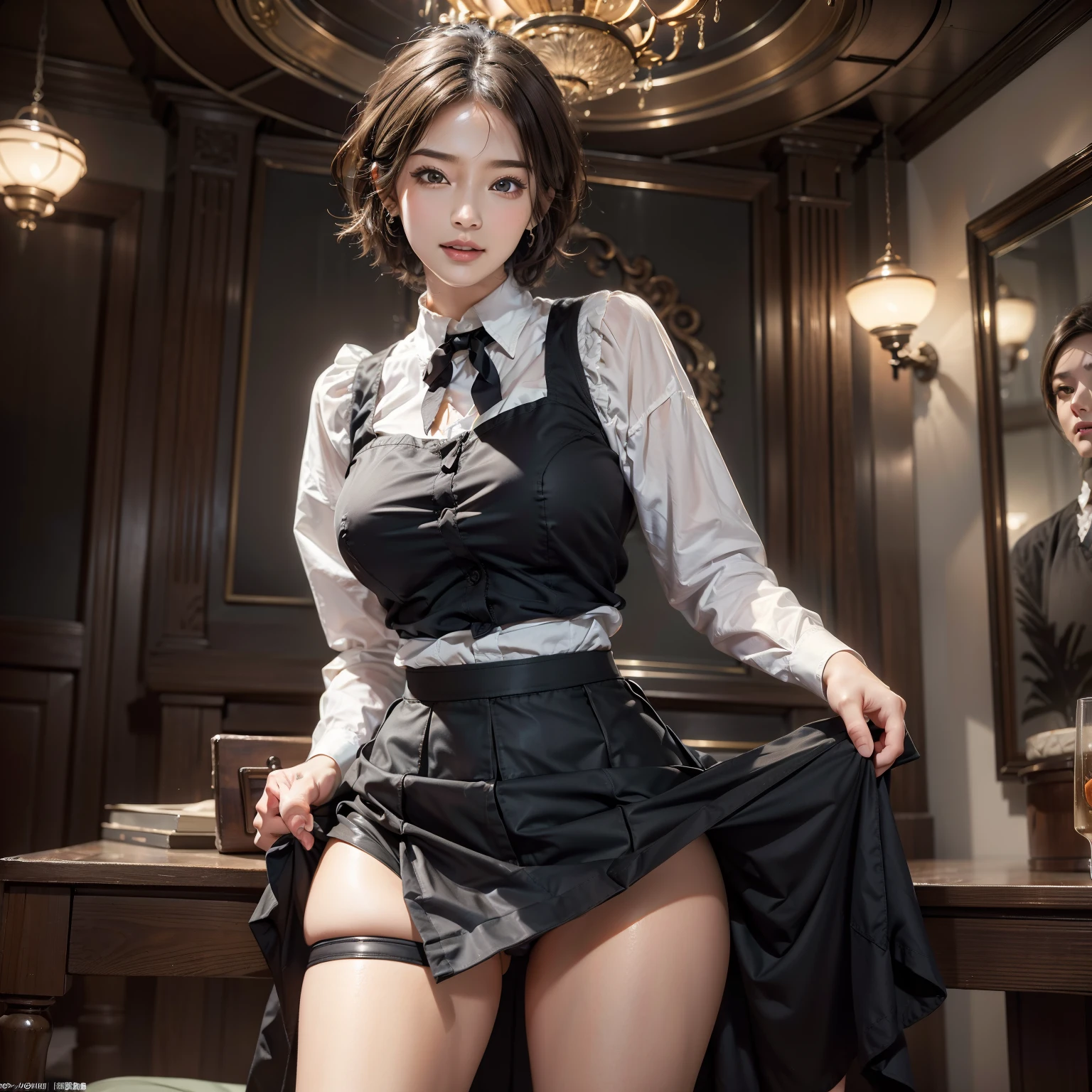 ((Best Quality: 1.4)), (Unbeatable masterpiece), (hyper HD) , (Ultra realistic 8K CG),(Head to thigh bust image),(ultra-detailliert),(maid ),(Artwork by Jean-Baptiste Monge), Highly detailed maid clothes, half_pinafore ,stunningly beautiful , Beautiful hair in every detail , Highly detailed hairstyles, Cinematic, cheerfulness ,In an old Western-style building, Candle lighting, Use backlight effects to increase image depth, Anisotropy Filtering, depth of fields, Maximum clarity and sharpness, ,8 life-size , thicc body:0.8 ,Perfect Anatomy , Symmetry and balance, beautiful gradients , Sharp Focus, Golden ratio, Centered image, Beautiful composition,short-hair、Smile full of happiness、Expression in a state of excitement、yawning being、panting、(((lifted skirt:1.3))