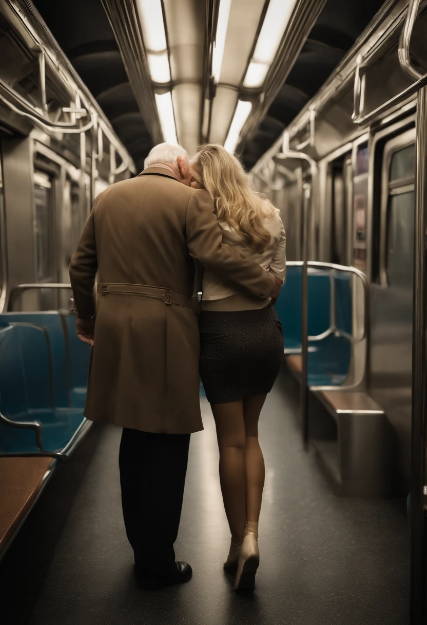 SFW, realistic, masterpiece, (VERY crowded subway train interior detailed scenario), (VERY crowded subway train interior detailed background), standing insanely hot (woman 1) using sexy ((mini dress)), (((lifted dress)), ((big ass)), ((thick thighs)), ((3/4 white stockings)), (fear expression), blushed face, old small man ass groping woman 1 from behind,(((old man pressing his chest on woman 1 back))) and (((holding her waist behind her))), against to subway door hand groping ass check