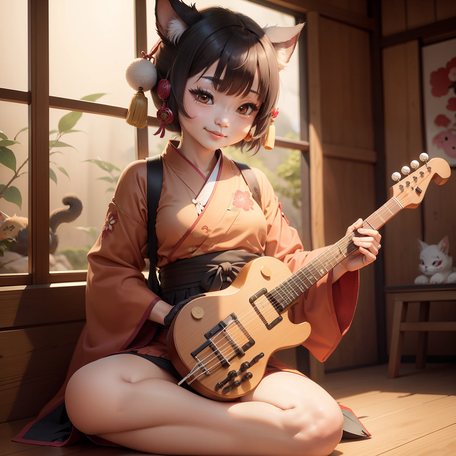 Okinawan Shisa(Tiere)is happily drawing a shamisen