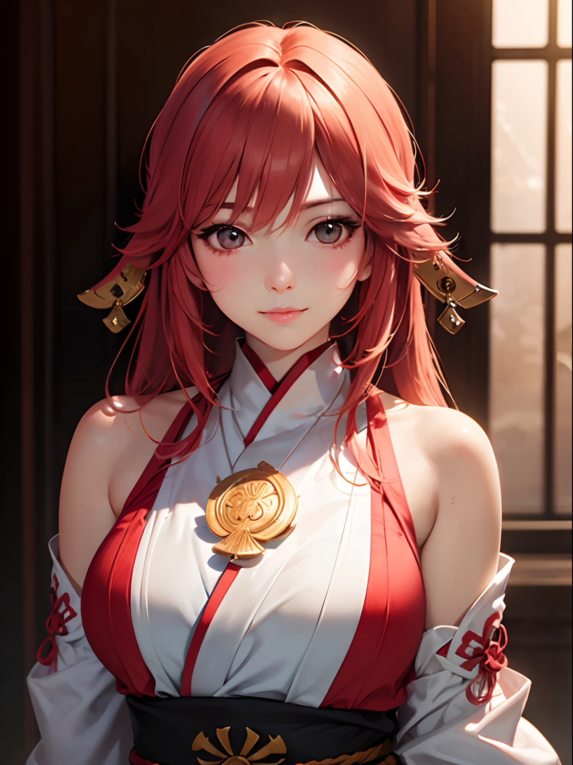 Yae Miko, 1girl, slight smile, photorealistic, lifelike, blush, highdef, depth of field, (add details:1.5), (fine details:1.5)