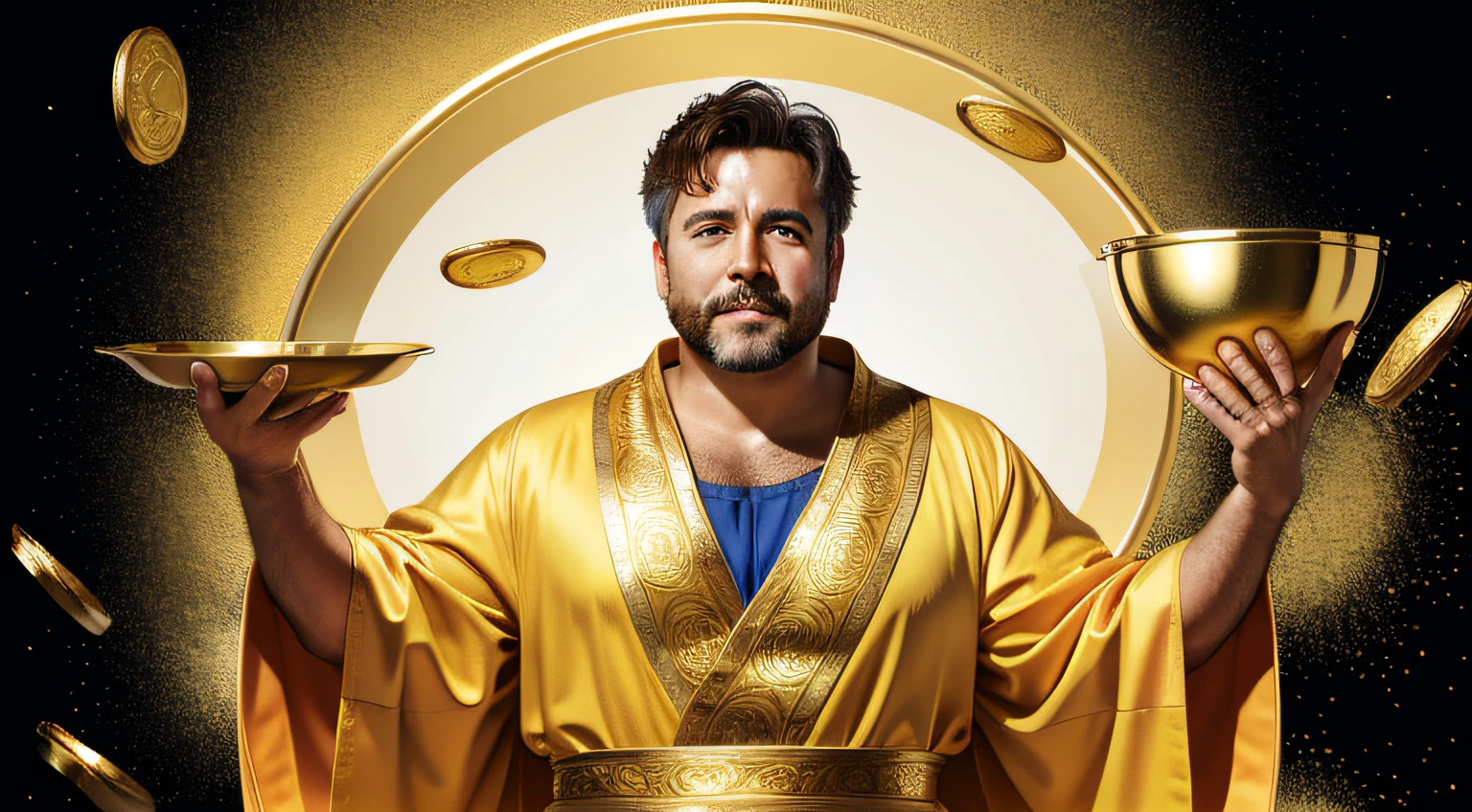 A blessed middle-aged man，Wearing a yellow robe，Holding a large bowl in his hand，A lot of gold coins floated in the air