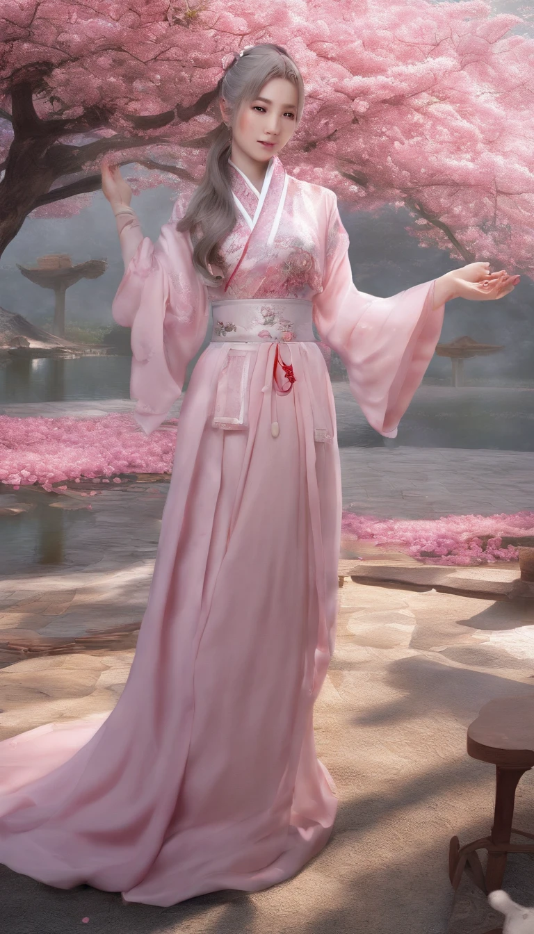 China-style，Chinese ink style，water ink，ink，Smudge，chrysanthemums，A Hanfu beauty standing among chrysanthemums，中景 the scene is，Full body like， highly detailed surreal vfx，China ink painting，oc rendered， - AR 16:9 --q 2 --s 1000 A woman is touching her  with her hand, Not wearing any clothes, Pink hair,  of  from the , Insert your hand into your , A slender figure, Thin thighs