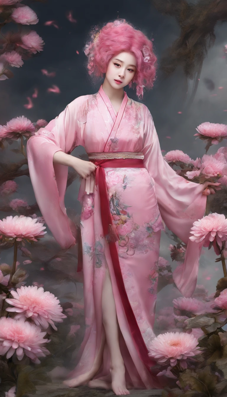 China-style,Chinese ink style,water ink,ink,Smudge,chrysanthemums,A Hanfu beauty standing among chrysanthemums,中景 the scene is,Full body like, highly detailed surreal vfx,China ink painting,oc rendered, - AR 16:9 --q 2 --s 1000 A woman is touching her with her hand, Not wearing any clothes, Pink hair, of from the , Insert your hand into your , A slender figure, Thin thighs