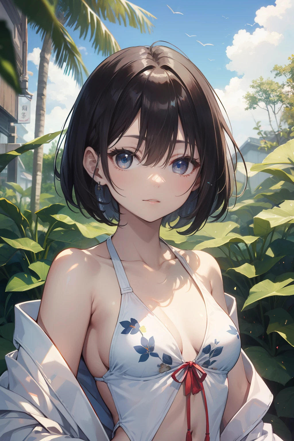 top-quality、Full limbs、complete fingers、Slender beauty、bob cuts、hime-cut、White Shousk swimsuit、Small eyes、Flying in the sky、mid air、Japanese pattern、japanese-inspired