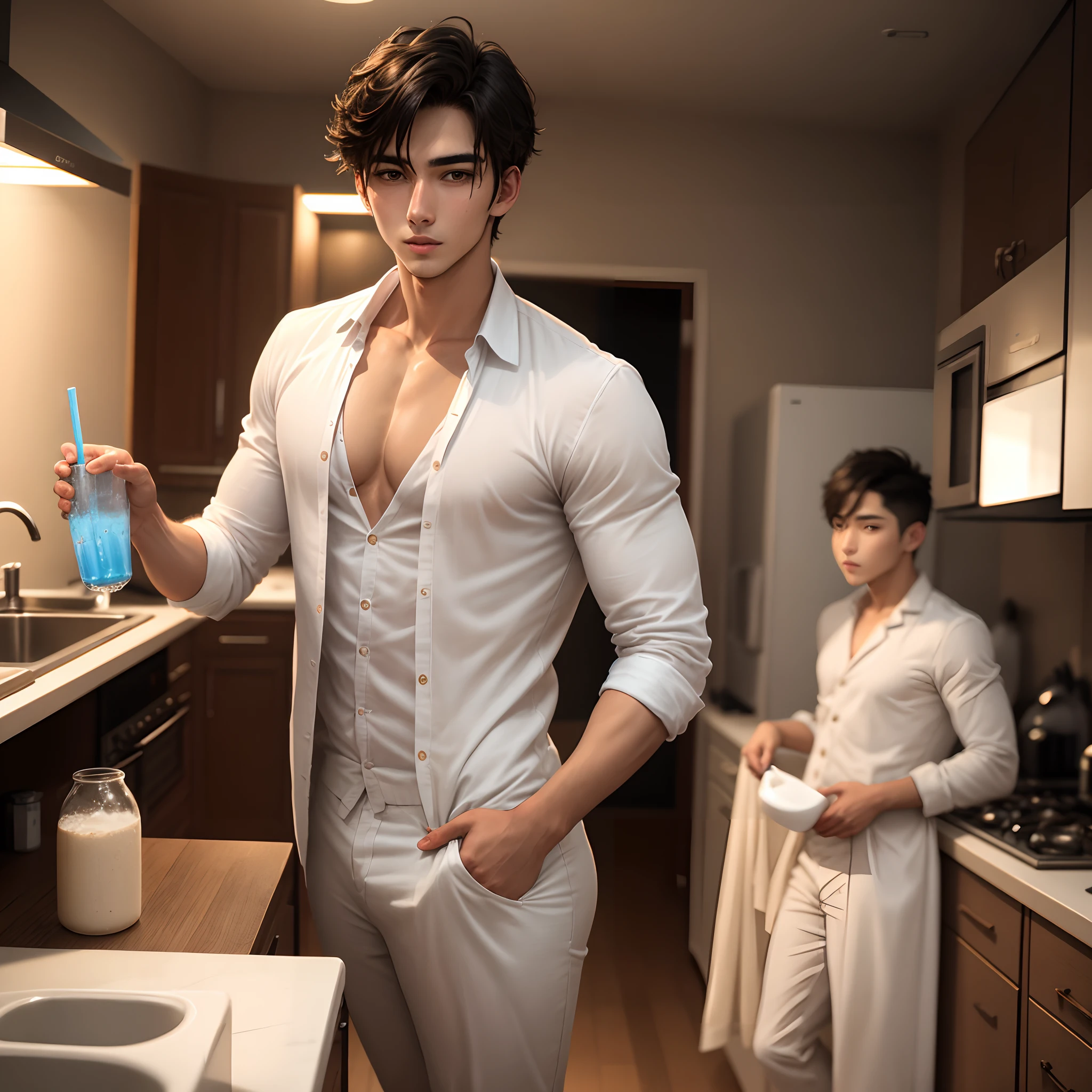 ung and handsome man drinking water at kitchen, wearing a night suit, hair not set, standing, front view, looking at the camera lense