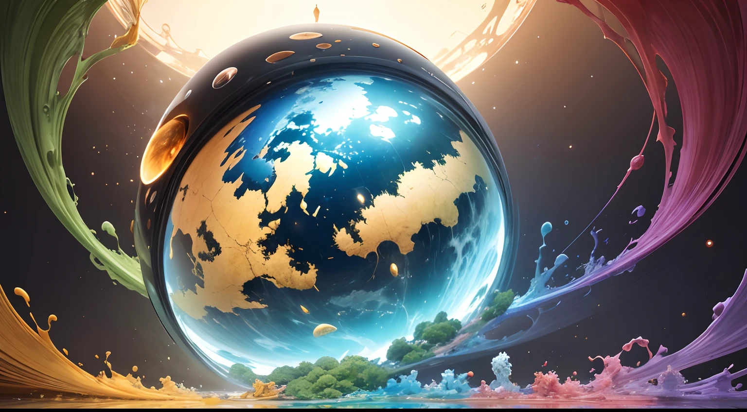 Harmonia e Caos: A representation of a harmonious world alongside a chaotic world, com elementos visuais que destacam cada estado.