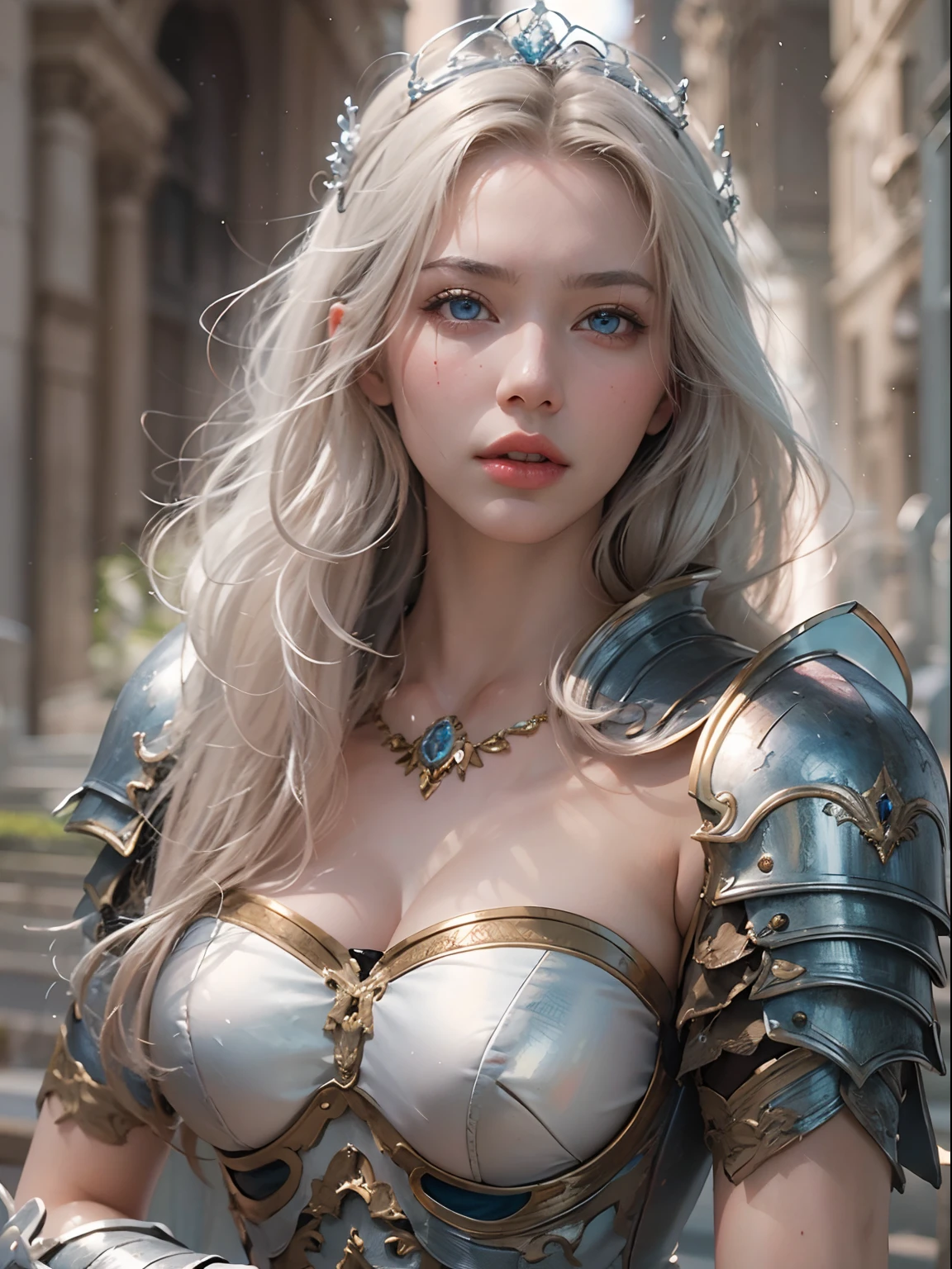 nsfw, 1girl, nude, (masterpiece: 1.4), (8K, realistic, raw photo, best quality: 1.4), skirtlift, strip naked, female knight, knight armor, nipple areola shape clear, beautiful breasts, Scandinavian girl, beautiful cute face, (real face: 1.4), perfect pussy, beautiful hairstyle, realistic blue eyes, beautiful detail eyes, (real skin: 1.3), angry face, beautiful skin, attractive, ultra high resolution, ultra realistic, cinematic lighting, white colored hair, long hair with tiara, king's palace