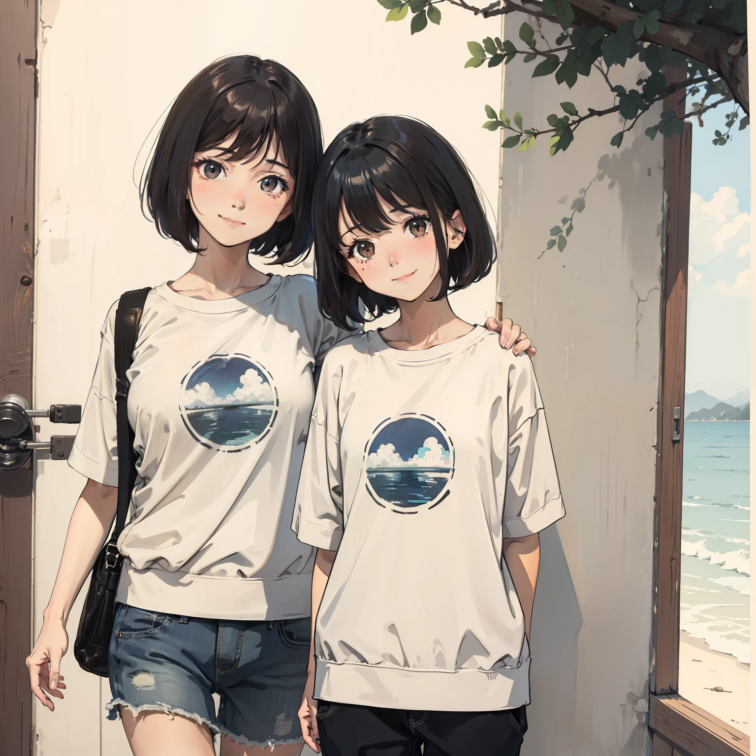 Top quality, Masterpiece, hyper HD, (Photorealistic: 1.4), (Look: 1.4), (Look: 1.4), Don't look at the camera, RAW photo, One girl, Dark hair, (Straight Bob: 1.4), (patsun: 1.4), bangs, Smile, Glossy glossy skin, Dramatic lighting, Neat, T-shirt, White Summer Sweater, (: 0.9), parks,Exuberant hair