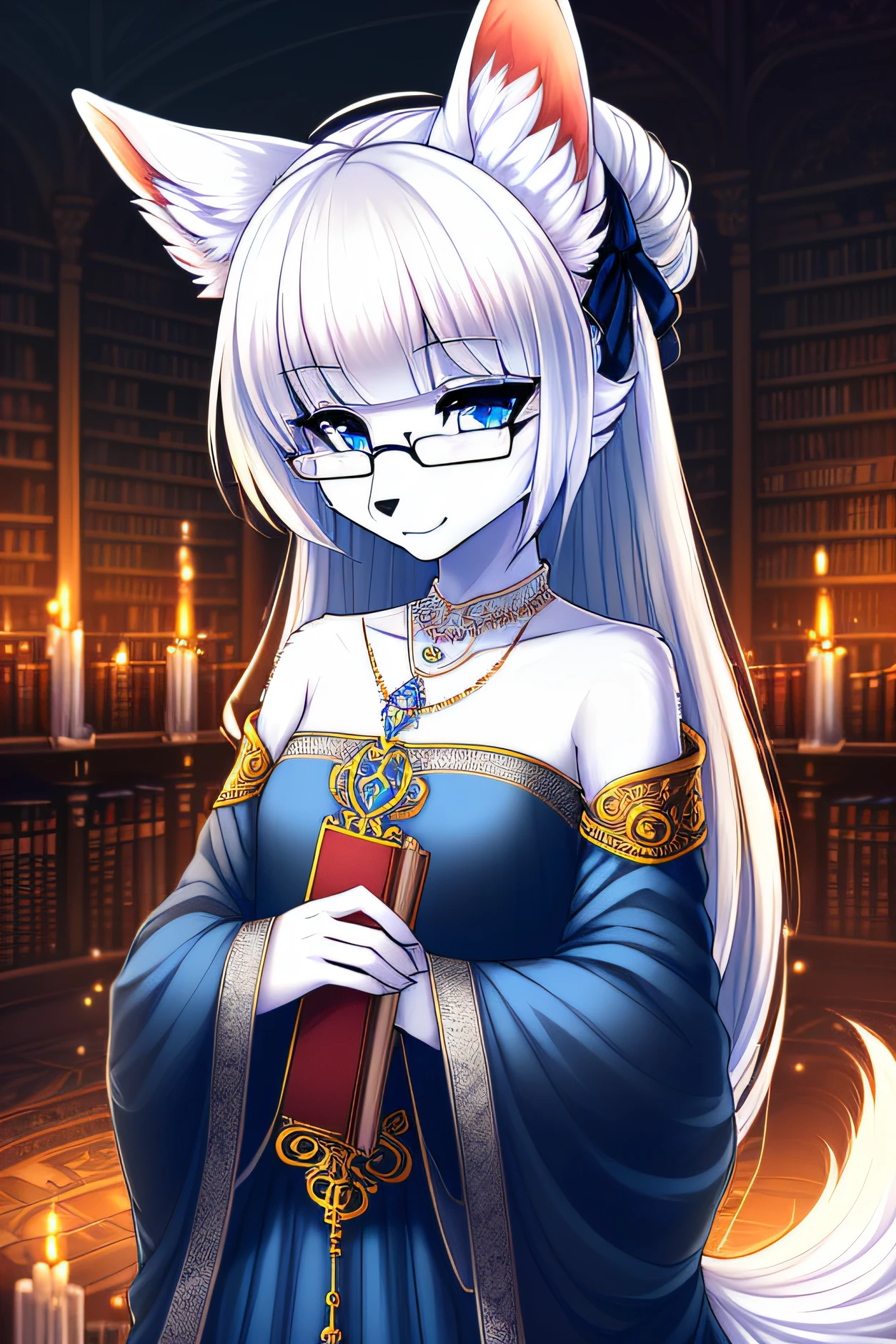 ((extremely detailed CG unity 8k wallpaper)), masterpiece, ultra-detailed, high resolution, (1girl, petite, fox girl, kitsune, white fur, anthro, small breasts, slender, ("very long ornate white hair with bangs tied low with a ribbon"), pale blue eyes, small circular glasses, small fox ears, [[extremely long fluffy fox tail]], [[("ornate blue gown with silver embroidery and long open sleeves")]], a library dimly lit with candles, shy smile, beautiful, long black cloak covering the shoulders, silver chain pendant, bridal gauntlets, hugging an ornate book against her chest,