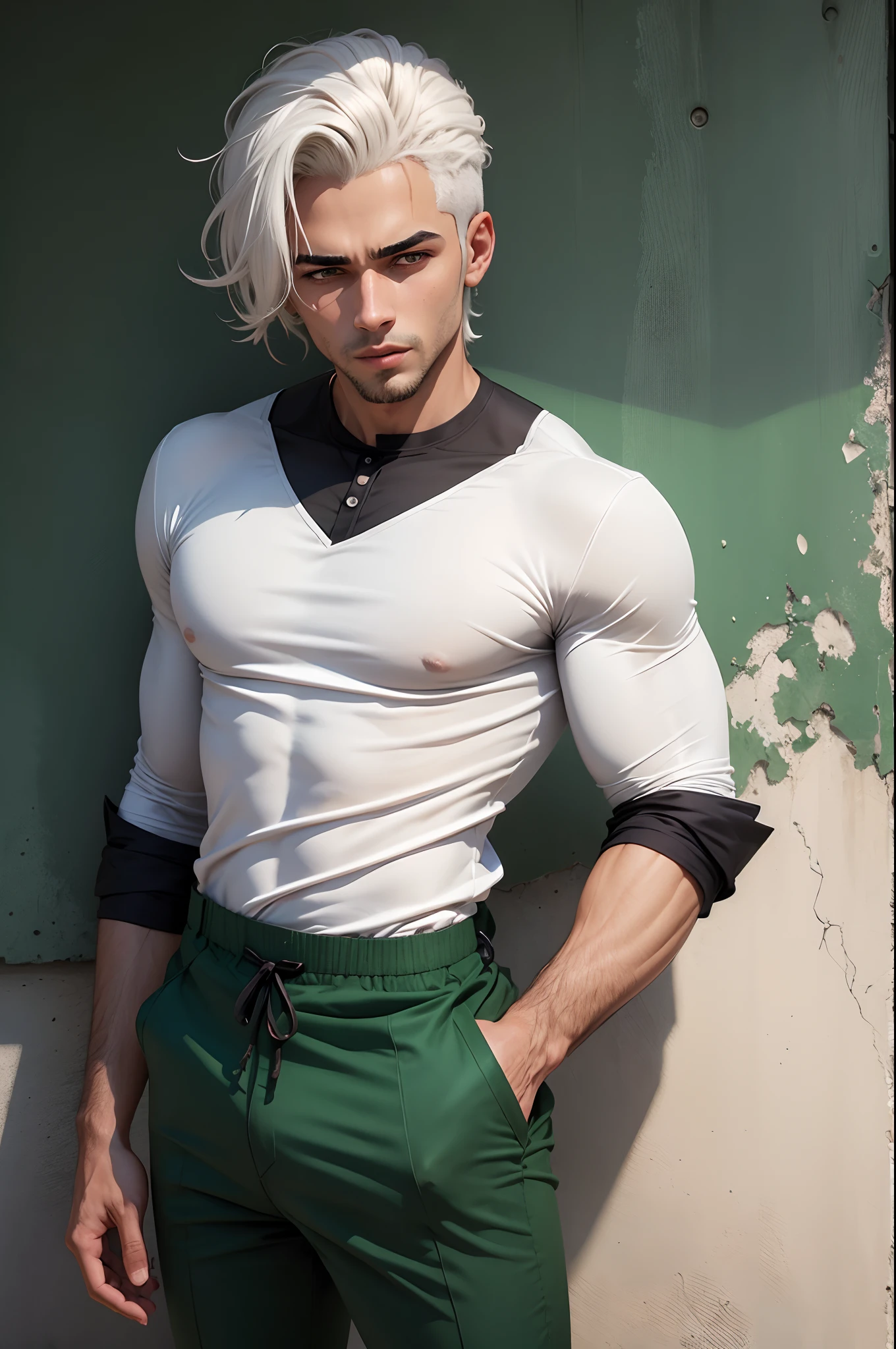 um homem branco, cabelo preto, olhos verde, Position T