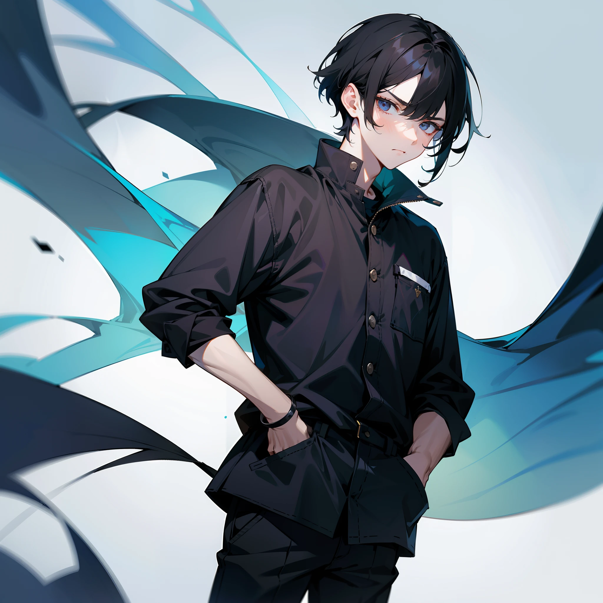 (((One man))),Anime man wearing sunglasses and smoking a cigarette, Persona Art Style,Bangs covering the eyes,Black hair, blue colored inner hair,(Hair tied at the back),((No background)),A moving picture,Medium Hair,(((body shot))),Black jacket,White shirt