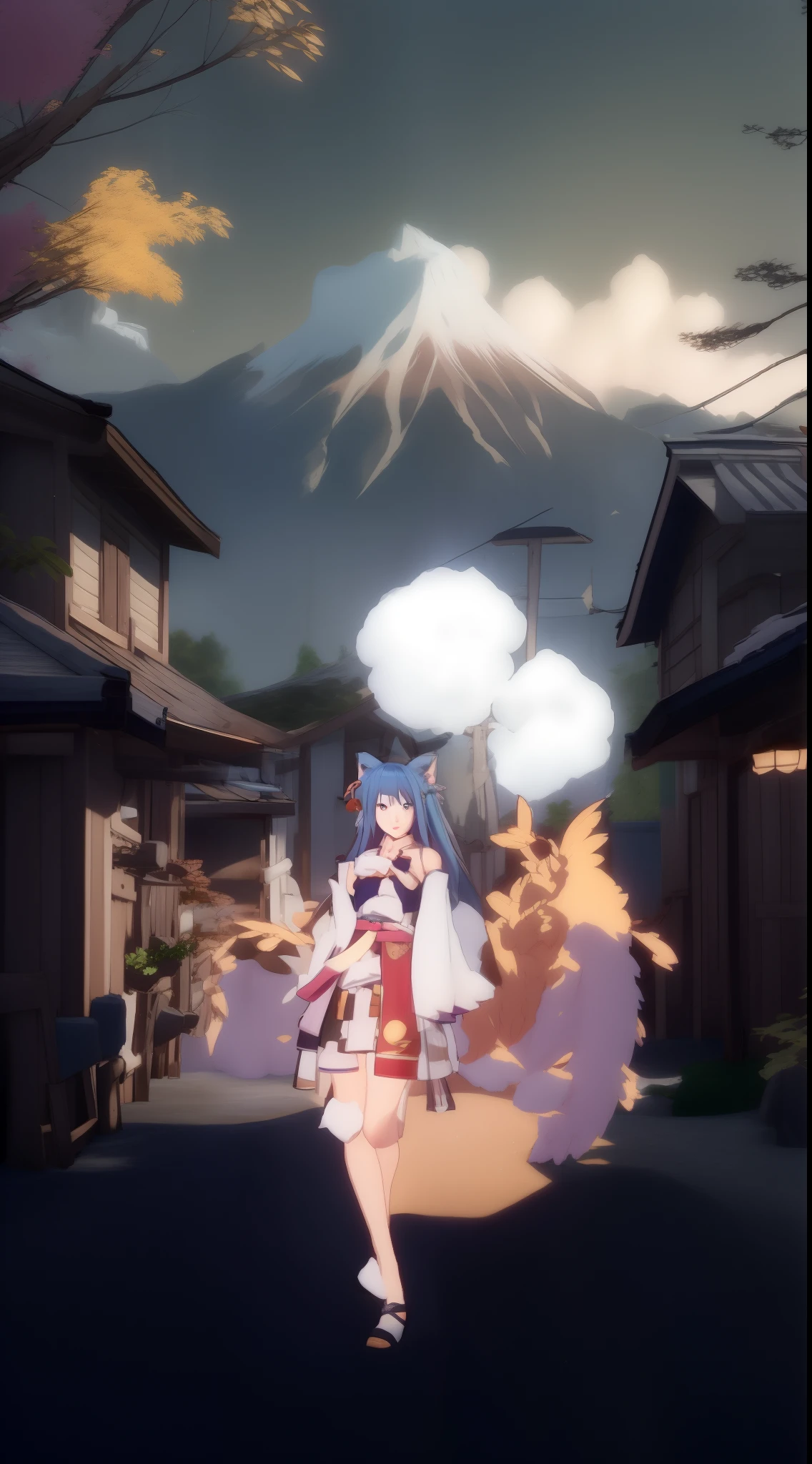 anime characters is eunha in game guardian tales, japanese village with a mountain in the background, onmyoji, onmyoji detailed art, onmyoji portrait, anime fantasy illustration, anime in fantasy style, from touhou, colorful kitsune city, made with anime painter studio, 2. 5 d cgi anime fantasy artwork, splash art anime , kitsune holding torch, fluffy girl, furry girl, woman, smile, smile, best quality, outdoors, high resolution, cute,blue hair, red eyes, fox ears, sunset, hair flowers,:o, fluffy girl, furry girl, woman, smile, smile, stretched arms towards viewer, one girl, best quality, outdoors, high definition, cute, 1girl, pv, Full body furry, super cute face, fur red elements, chest, beautiful light and shadow, ambient light, super detailed fur, volumetric light