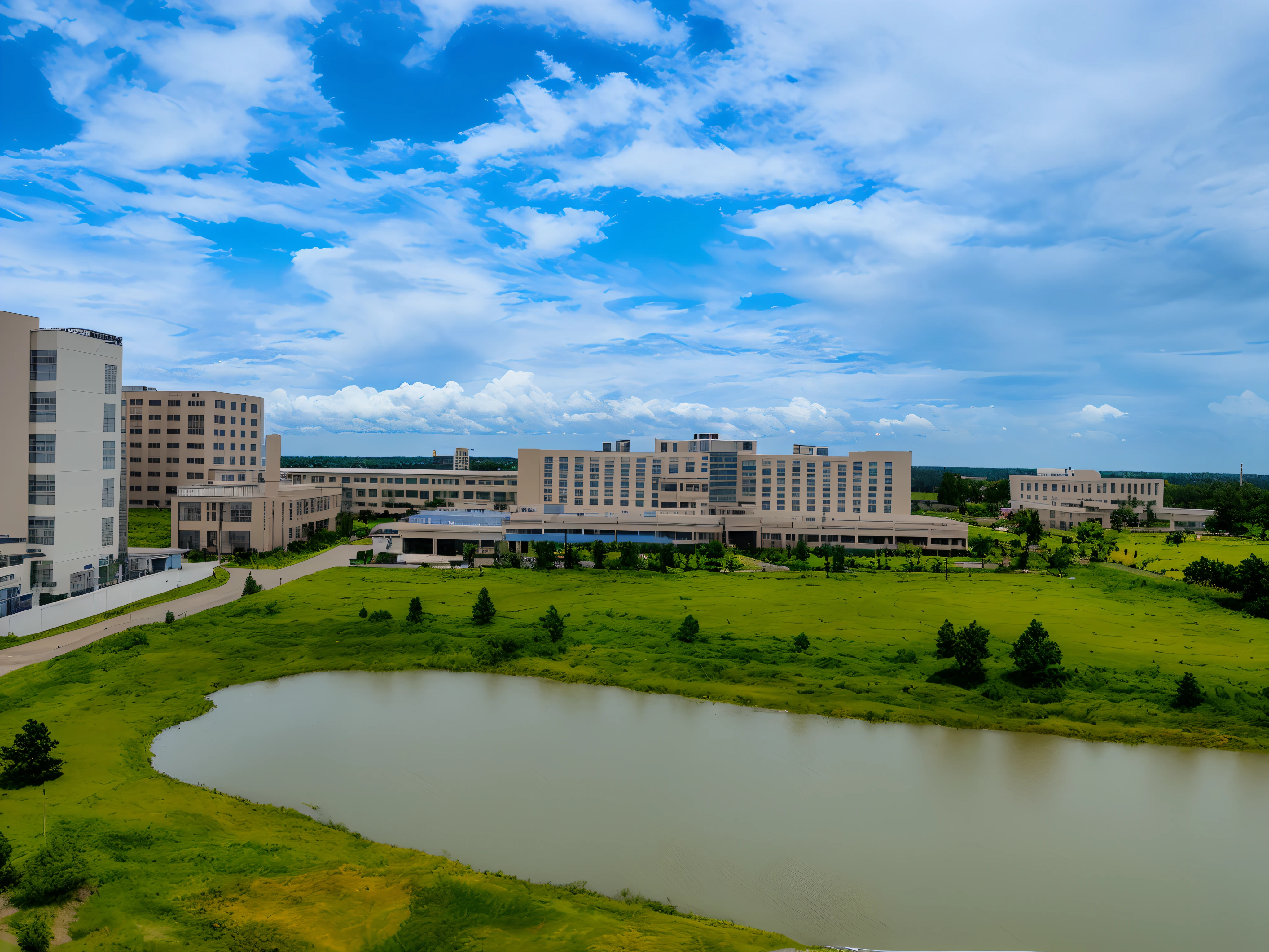 there is a large body of water in the middle of a field, hospital in background, research complex, taken with sony alpha 9, taken with sony a7r camera, landscape view, shot on nikon z9, medical research facility, medical complex, taken with a canon dslr camera, college, wide view, wide shot photograph, shot on canon eos r 5