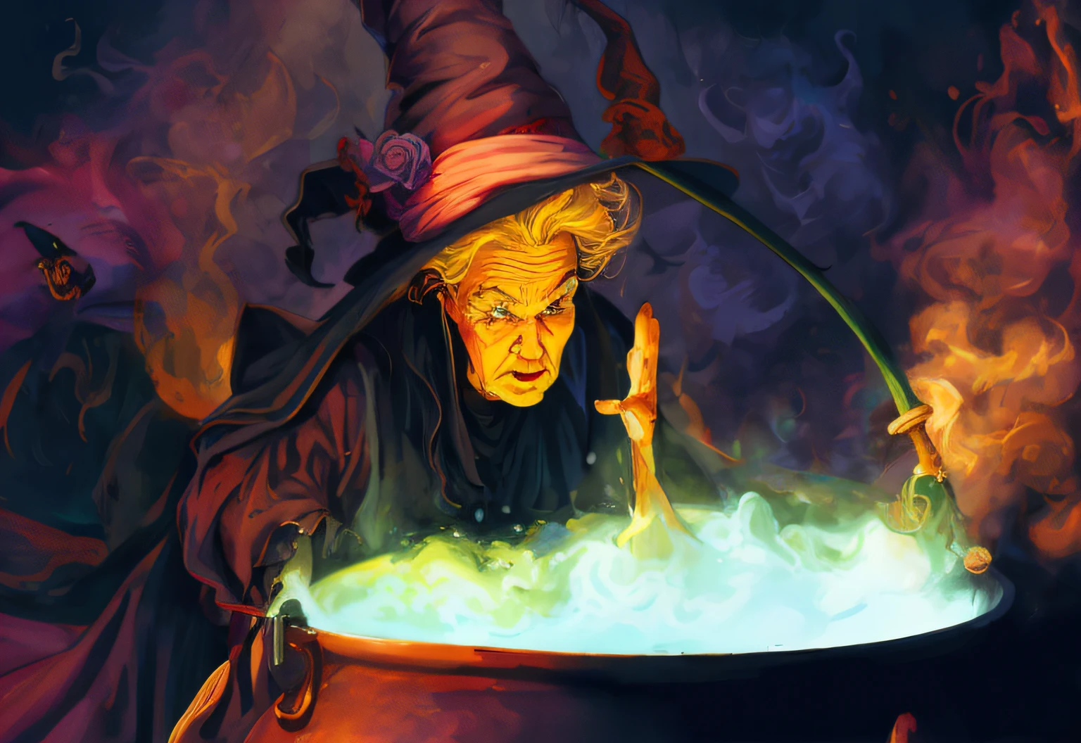 colorfully colored coloring page of colorful ultra realistic angry, glaring, old, ugly, hunchback witch wearing black pointed witch hat cooking a cauldy with a broom and a pot, casting a spell on a potion, the witch conjure, bubbling cauldron!, witch burning, witchcore, witch, witch clothes, witchy, witchcraft!, bubbling cauldron, witchcraft, by artist john sloane
