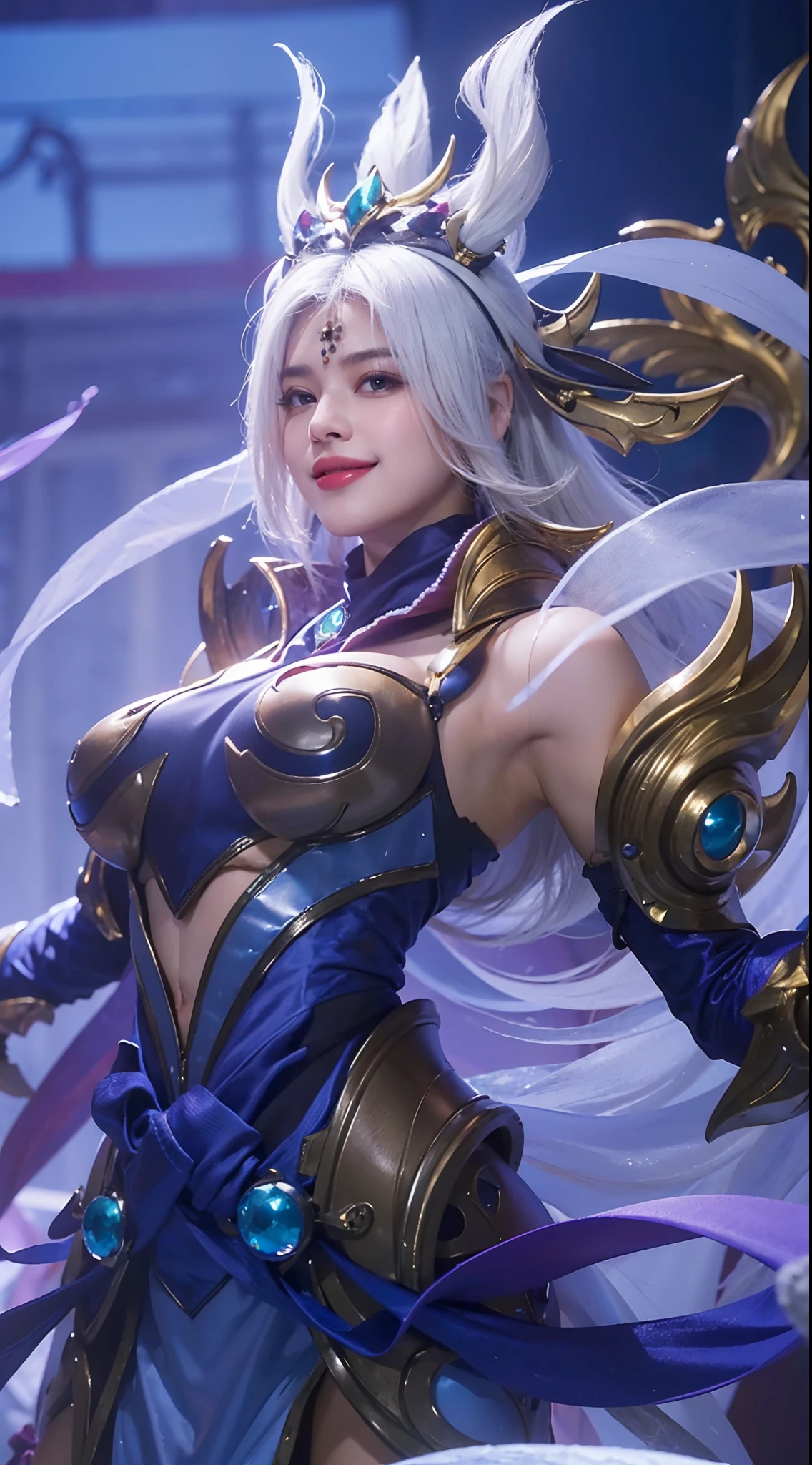 Ultra detail texture, ulta detail, ultra hight, realistic, 16k, selena (/mobile legends bang-bang/), villain smile, perfect body, bobs, full body, 1 woman, bokeh, detail eyes, detail smile, detail face, White hair, scarf