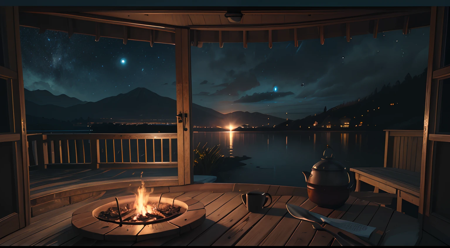Paisagem, There is a fire pit on the balcony of a hut, Cozy setting, ambiente aconchegante, noite de lua cheia, muita chuva, lugar aconchegante, ambiente acolhedor e tranquilo, dentro de uma cabine, ambiente relaxante, aconchegante e calmo, serene atmosphere at night, em uma cabine, ambiente aconchegante, ambiente tranquilo, atmosfera tranquila e serena, Pleasant and welcoming atmosphere, atmosfera aconchegante, Casa do Lago, Motor irreal altamente realista, Moody, estudo privado:1.3) Pov, Directed by: Lee Jeffries, Nikon D850 |, filme fotografia de stock ,4 Kodak Portra 400 ,camera f1.6 lentes ,cores ricas ,hyper realistic ,textura realista, dramatic lighting , cinestill 800, ((chuva))