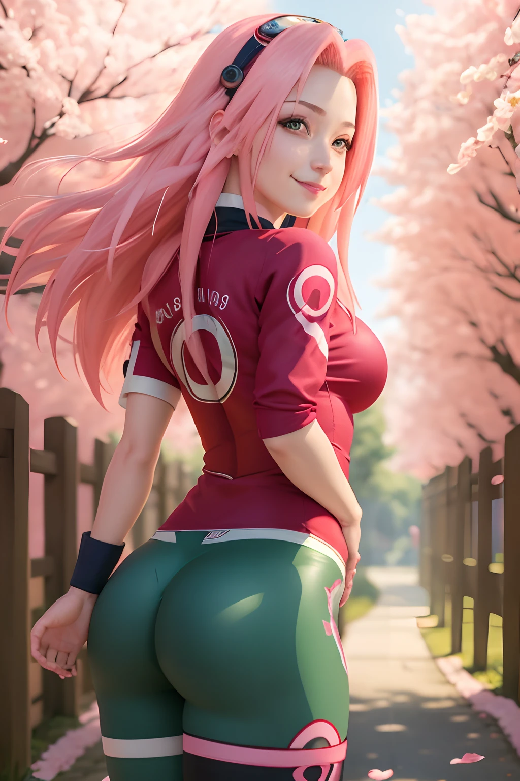 tmasterpiece， Best quality at best， 1girll， Sakura Haruno， medium breasts, smile，with pink hair， long whitr hair， （Green eyeballs:1.4)， Forehead protection， the cherry trees，Cherry blossoms flying，Red dress Cleft thighs, short tight pants , outfit body, tight pants, from behind, ass focus, lifting skirt