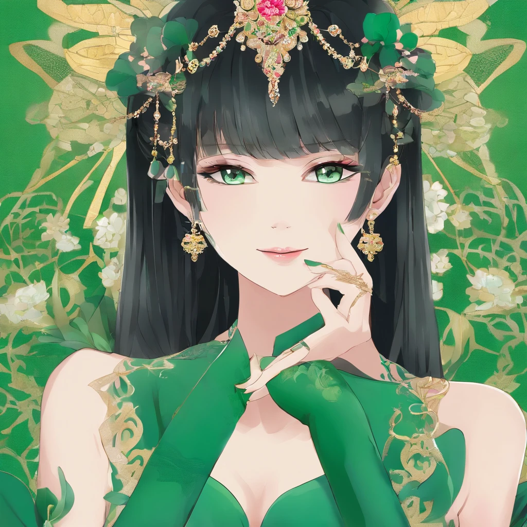 Green Long Grove, Long green gloves made of satin material, lipsticks, Japan woman smiling, Satin green long gloves, emerald tiara, Green Pearl Necklace, verd s eyes, Green eyes, Long green gloves made of satin material, big breasts beautiful, Green Bridal Veil, Emerald Earrings, Green dress, Green eyes, Guts Pose, emerald tiara, Green Pearl Necklace, Boyish very short black hair, lipsticks, Japan woman smiling