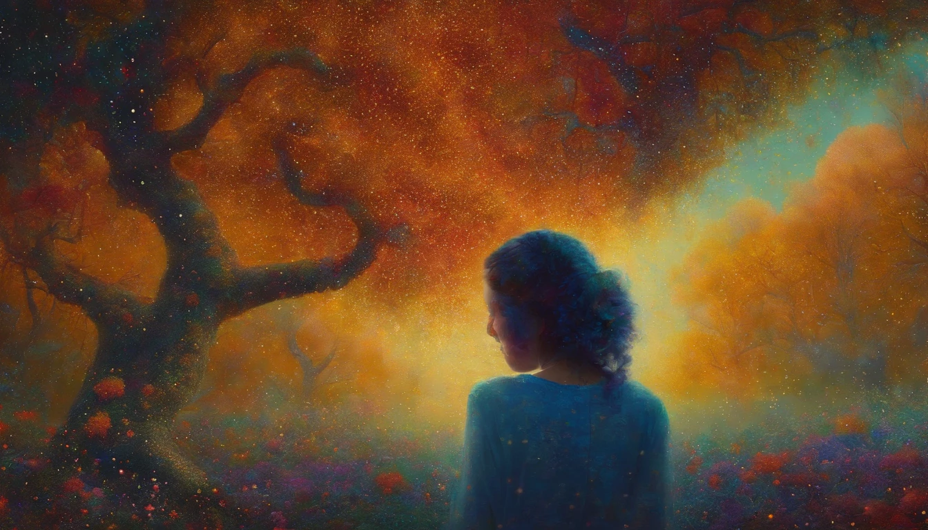 Absurd, High Resolution, Ultra-detailed, (1 girl:1. 2), Dot painting technique, Dotted shadows, intricate details, Small dots, Texture effects, subtle gradients, Fascinating craftsmanship, Infrared photography, Otherworldly tones, Surreal landscapes, Invisible light, ethereal glow, Vivid colors, Phantom effects