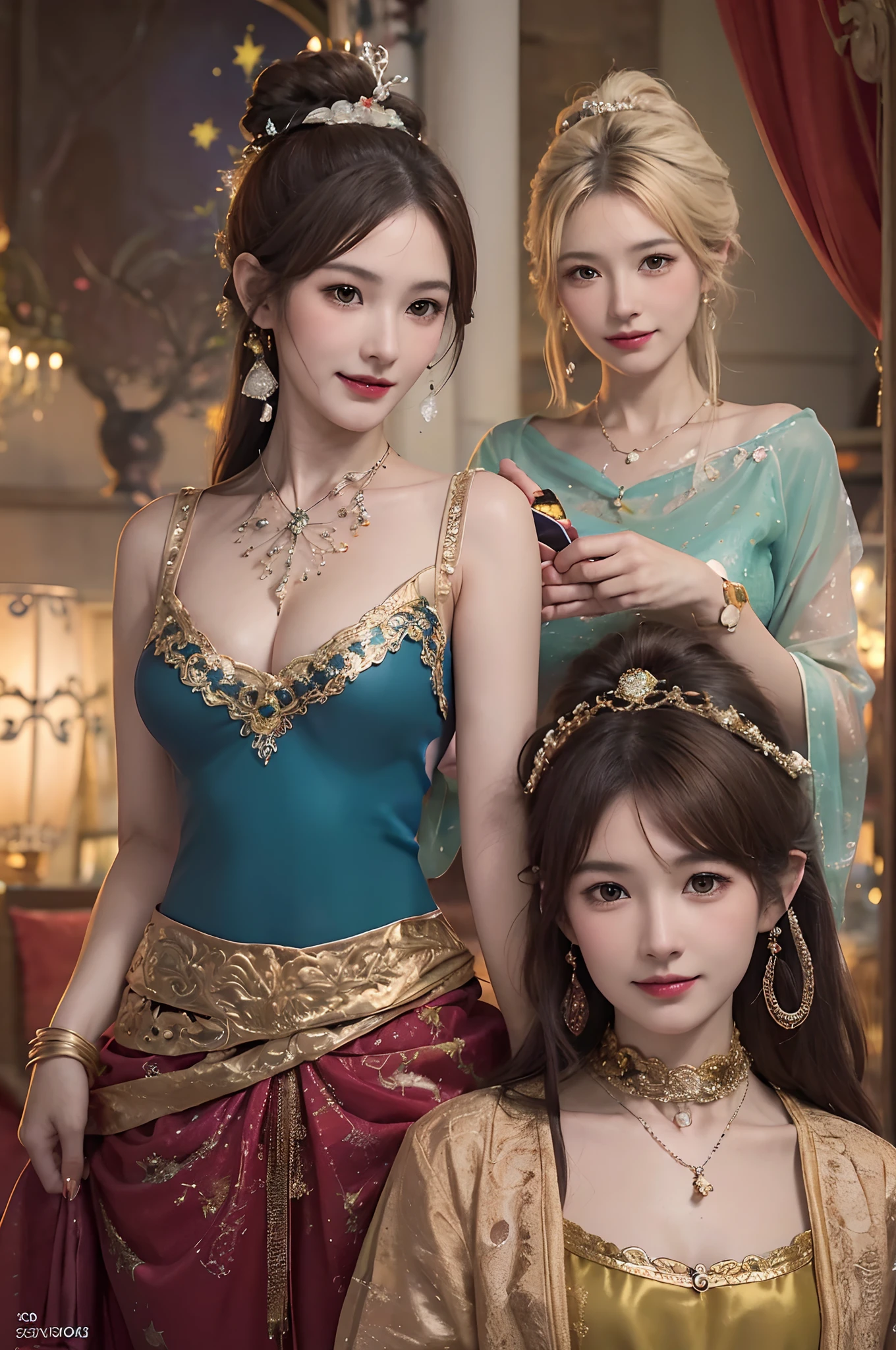 Smiling,Face focus,(Alebriès Art Style), Meteor shower in the starry sky, Several lesbians sitting together looking at the stars,leering,leering:1.3,Masterpiece, Best quality, intricately details, absurderes,,(Urzang-6500-V1 version.1,PureFace_V1,octanerender)