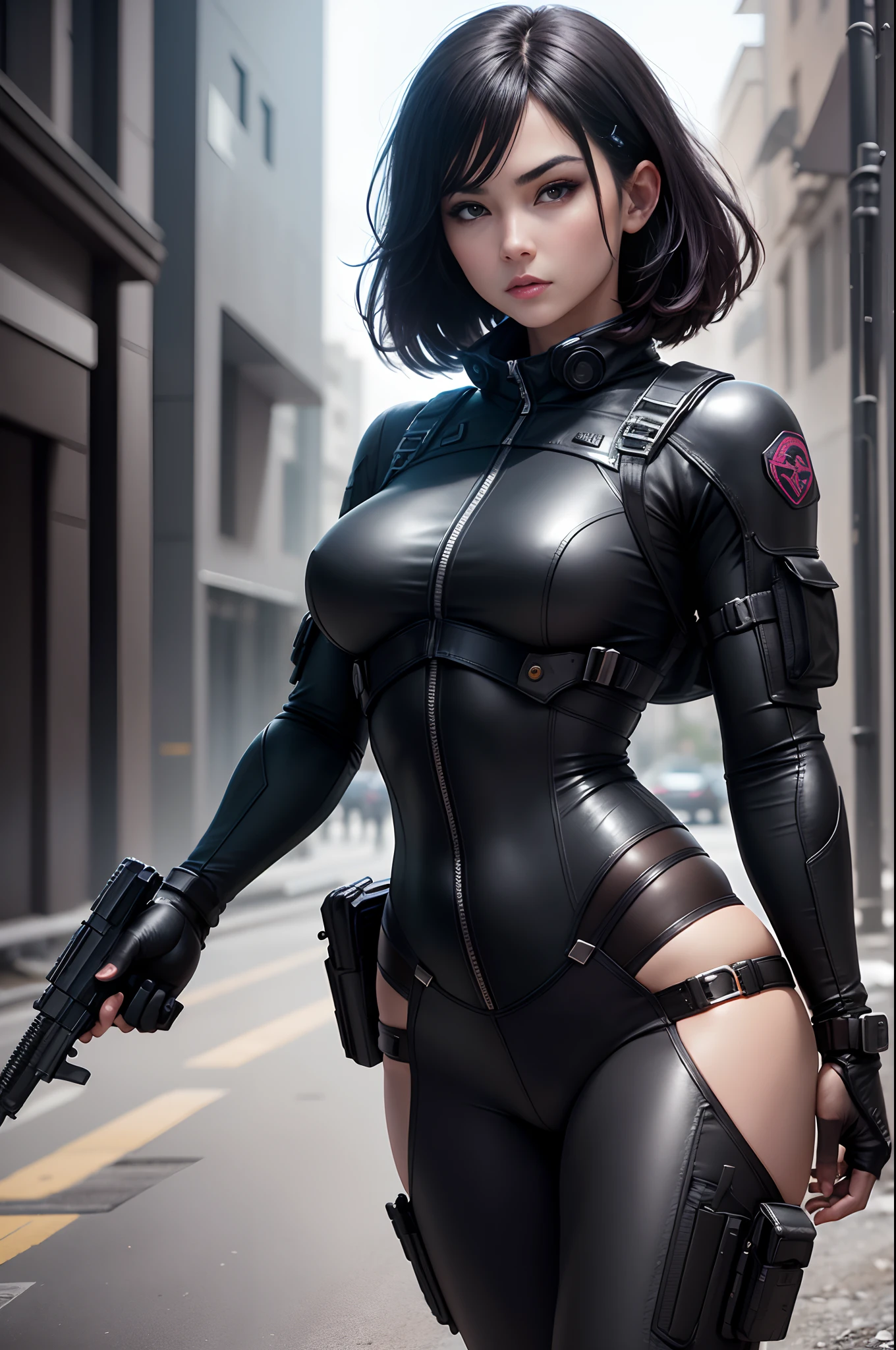 8K,Photorealsitic Raw photography top-quality;1.4) (One adult woman) Super beautiful woman in a gray special forces costume (Lifelike face) Woman Holding a Handgun Black leather outerwear Special forces costumes Black leather pants Shooting a shootout scene Glaring at him with a short bob with black hair and dark eyes assassin enticing Pink Rouge Beautiful expression 超A high resolution A hyper-realistic real looking skin Precise details of the Heretta M9 Workers Jumpy Bullets are fired
