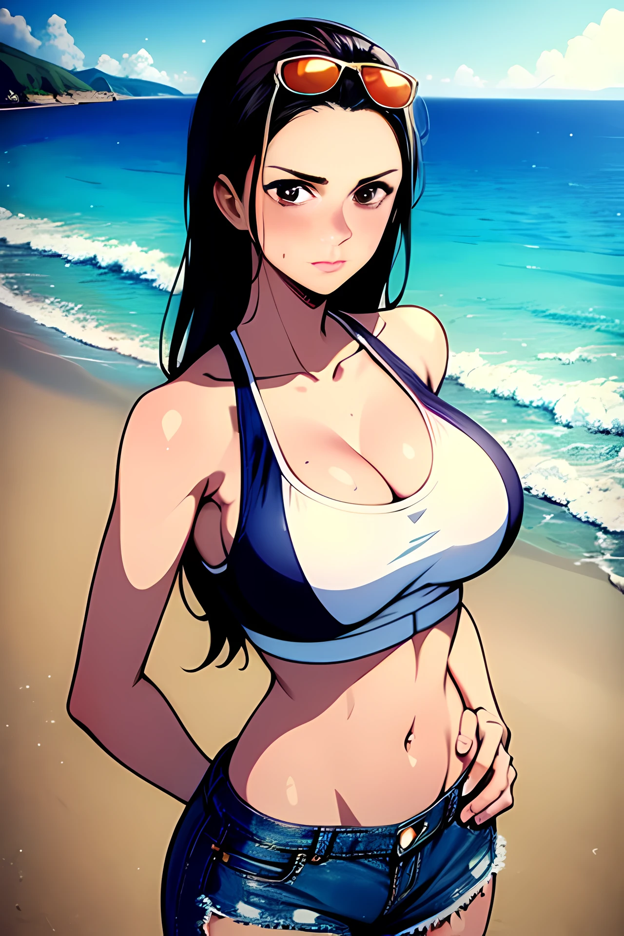 photo of NicoRobinV3 wearing a crop top and denim shorts on a beach with sunny weather, (light skin), (sweating) ,(beautiful scenery),(perfect face), masterpiece, blush, 1girl, solo, smooth anime cg art, black hair, sunglasses, hands on hips