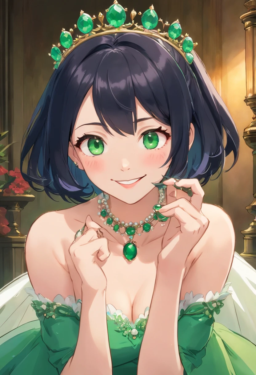 Green Long Grove, Long green gloves made of satin material, lipsticks, Japan woman smiling, Satin green long gloves, emerald tiara, Green Pearl Necklace, verd s eyes, Green eyes, Long green gloves made of satin material, big breasts beautiful, Green Bridal Veil, Emerald Earrings, Green dress, Green eyes, Guts Pose, emerald tiara, Green Pearl Necklace, Boyish very short black hair, lipsticks, Japan woman smiling