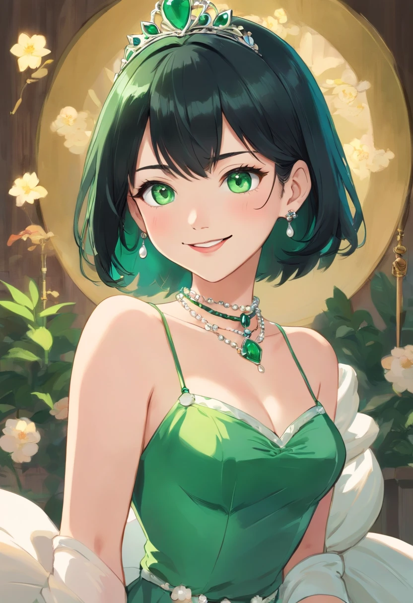 Green Long Grove, Long green gloves made of satin material, lipsticks, Japan woman smiling, Satin green long gloves,　emerald tiara, Green Pearl Necklace, verd s eyes, Green eyes, Long green gloves made of satin material, big breasts beautiful, Green Bridal Veil, Emerald Earrings, Green dress, Green eyes, Guts Pose, emerald tiara, Green Pearl Necklace, Boyish very short black hair, lipsticks, Japan woman smiling