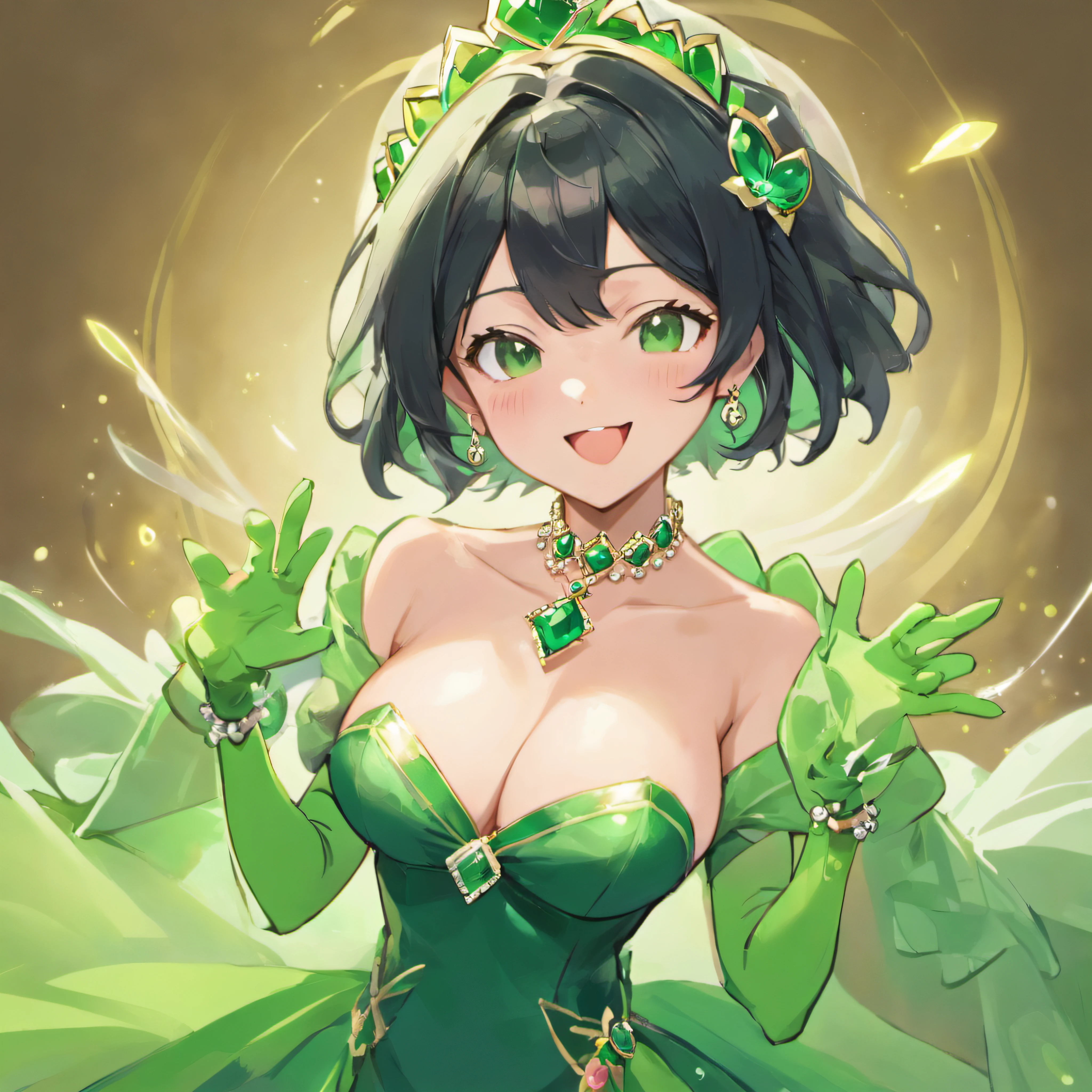 Green Long Grove, Long green gloves made of satin material, lipsticks, Japan woman smiling, Satin green long gloves,　emerald tiara, Green Pearl Necklace, verd s eyes, Green eyes, Long green gloves made of satin material, big breasts beautiful, Green Bridal Veil, Emerald Earrings, Green dress, Green eyes, Guts Pose, emerald tiara, Green Pearl Necklace, Boyish very short black hair, lipsticks, Japan woman smiling
