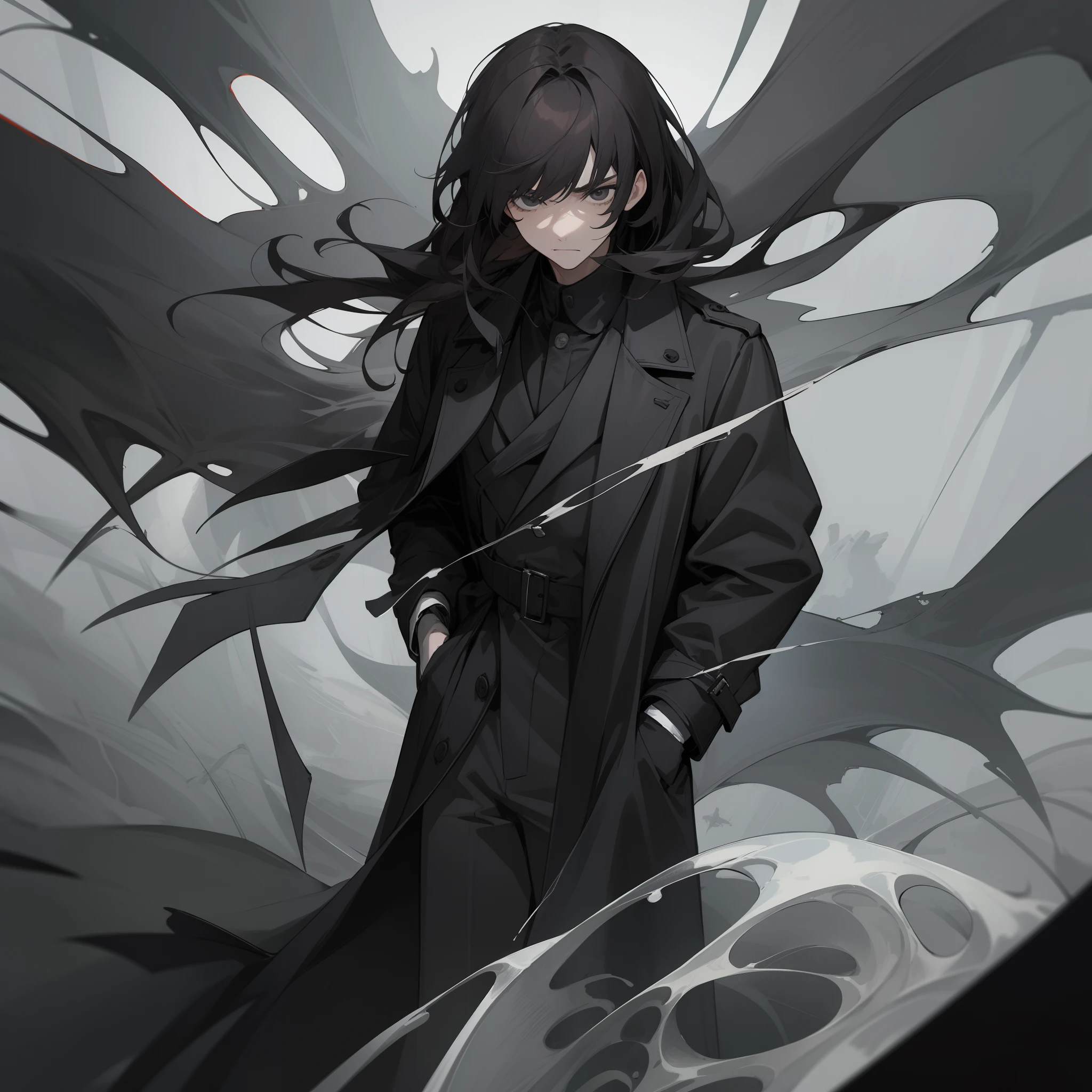 A boy with,Brunette bangs,Death-like black eyes,Extremely gloomy temperament,Fair face,A cold expression,a black trench coat,It is surrounded by black fog,Put your hands in your pockets