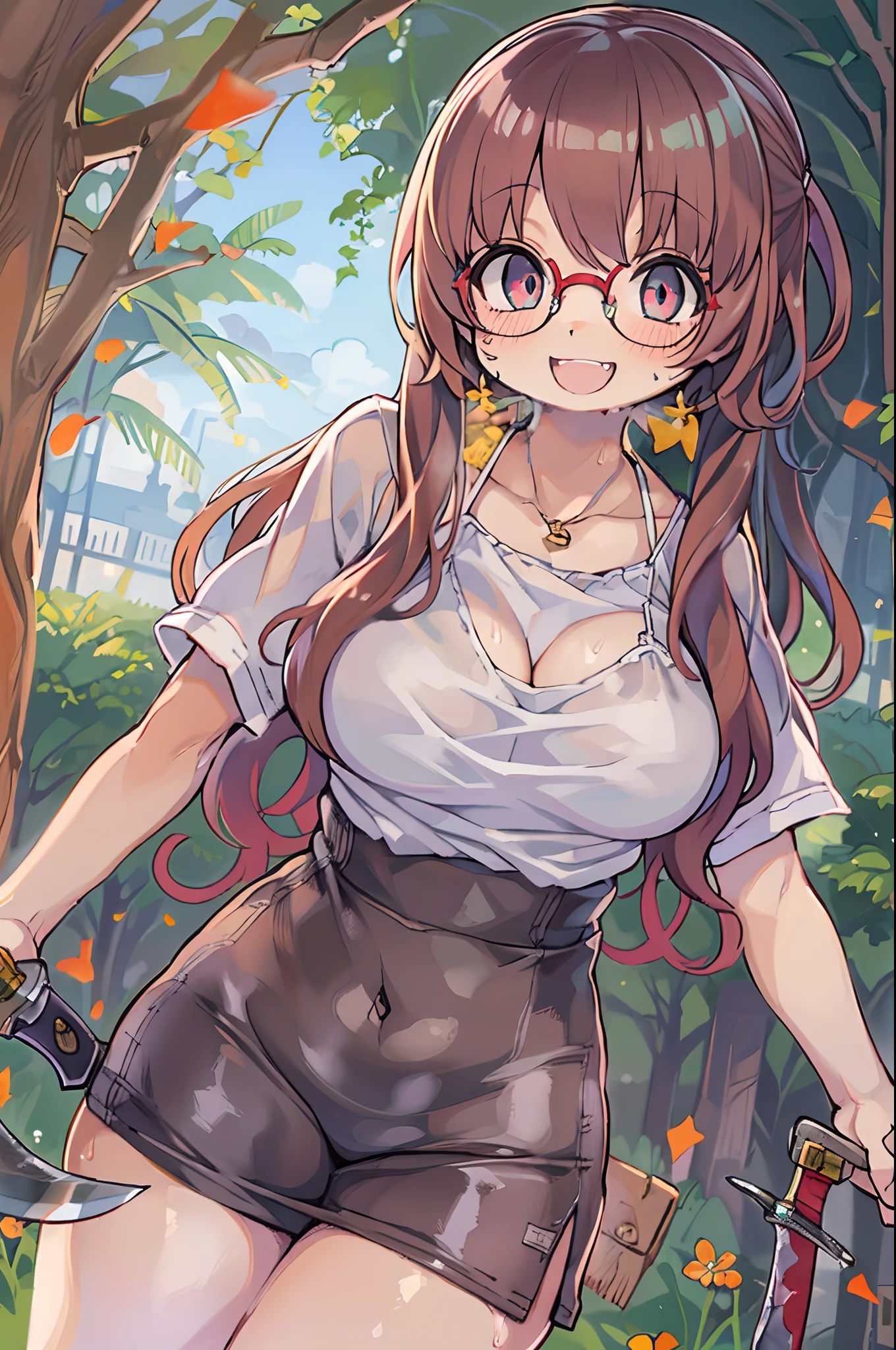 masutepiece, Best Quality, 1girl in, Sharp eyes, Smile,(((Knives in both hands)))、big round glasses,Camisole