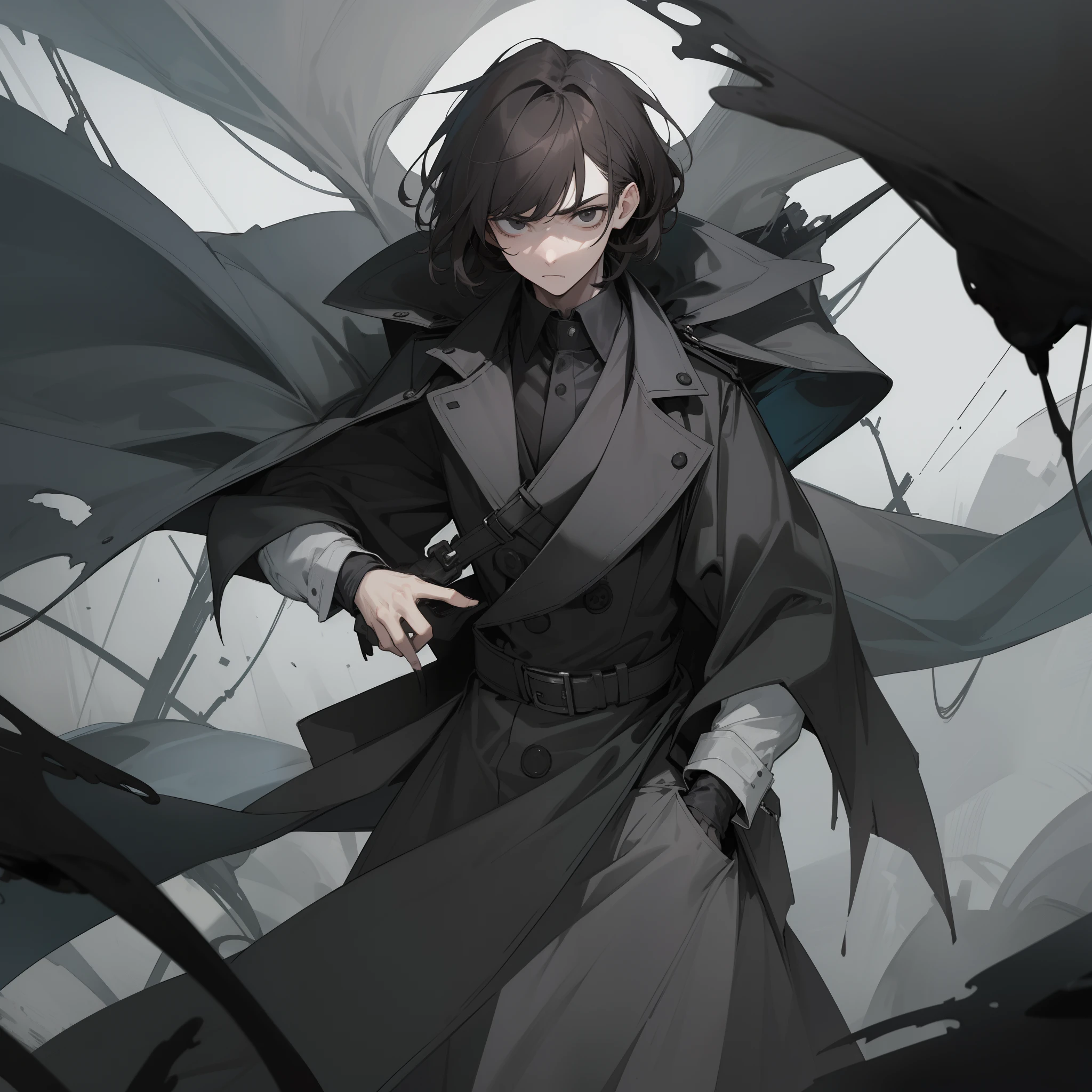 A boy with,Brunette bangs,Death-like black eyes,Extremely gloomy temperament,Fair face,A cold expression,a black trench coat,It is surrounded by black fog,Put your hands in your pockets