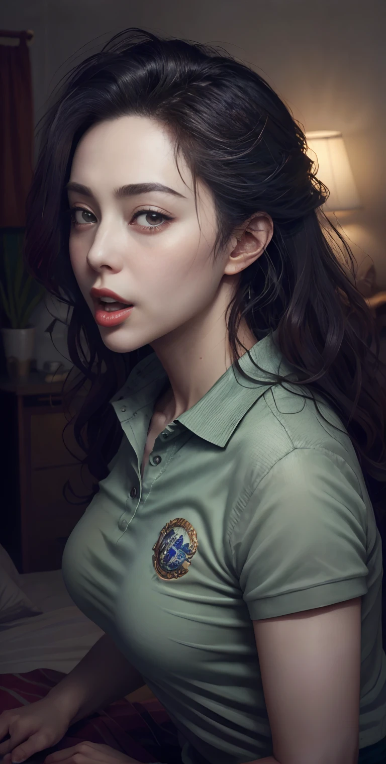 realisticlying、45-year-old girl、Wearing a green polo shirt,Face enhancement,Chest super large zoom,Cleavage emphasis,Looking up from the bottom,Hair blackening,Blue eyes,Blushing,Red lips,A sexy,Bed sit,stick out your tongue and open your mouth wide、Banzai、Wearing underwear,Wrinkles between the eyebrows,Sweaty face, oversaturated, film grain.