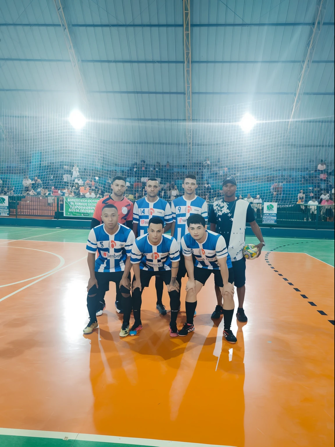 There is a group of men standing on a court with a ball, competition winning, tiro interno, Wining, Postagem no Reddit, fotografia, Interior, parecendo feliz, Potrait, Bad appearance, torneio, bela fotografia, unreal ungine 5, Protrait, Rapazes, Beautiful image, 1 st winner, olhar triste, tiro no rosto, Motivacional, 8k) melhore a Imagen