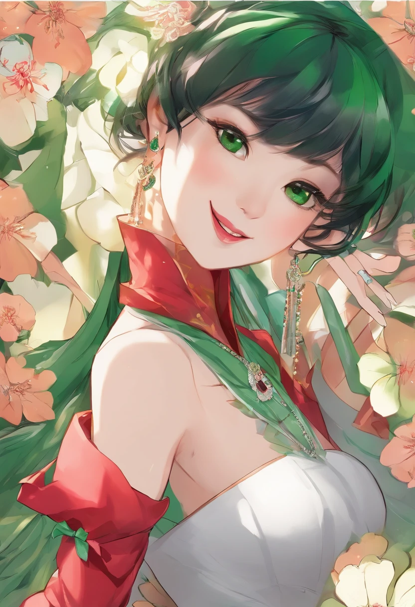 Green Long Grove, Long green gloves made of satin material, lipsticks, Japan woman smiling, Satin green long gloves,　emerald tiara, Green Pearl Necklace, verd s eyes, Green eyes, Long green gloves made of satin material, big breasts beautiful, Green Bridal Veil, Emerald Earrings, Green dress, Green eyes, Guts Pose, emerald tiara, Green Pearl Necklace, Boyish very short black hair, lipsticks, Japan woman smiling